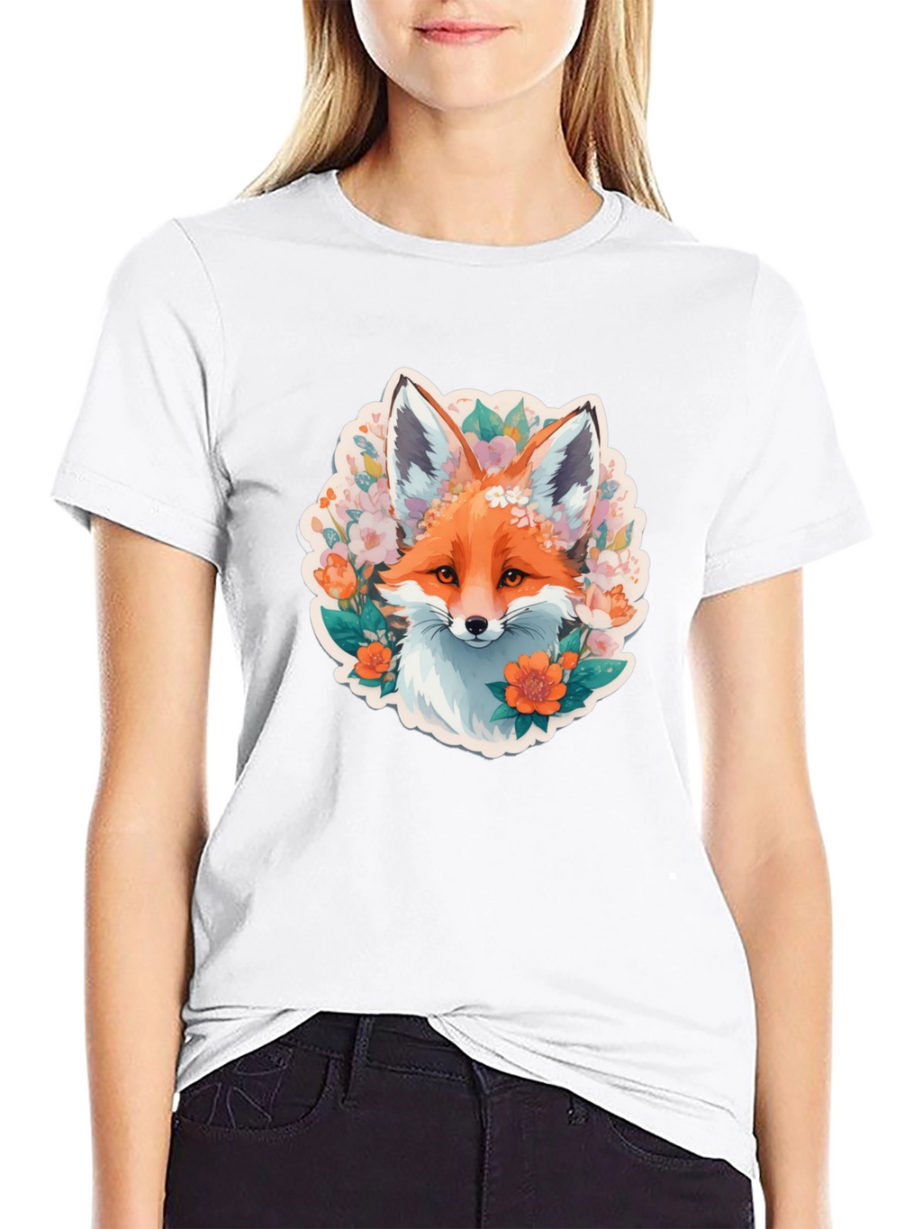 Floral Fox Graphic Tee - Stylish Black T-Shirt