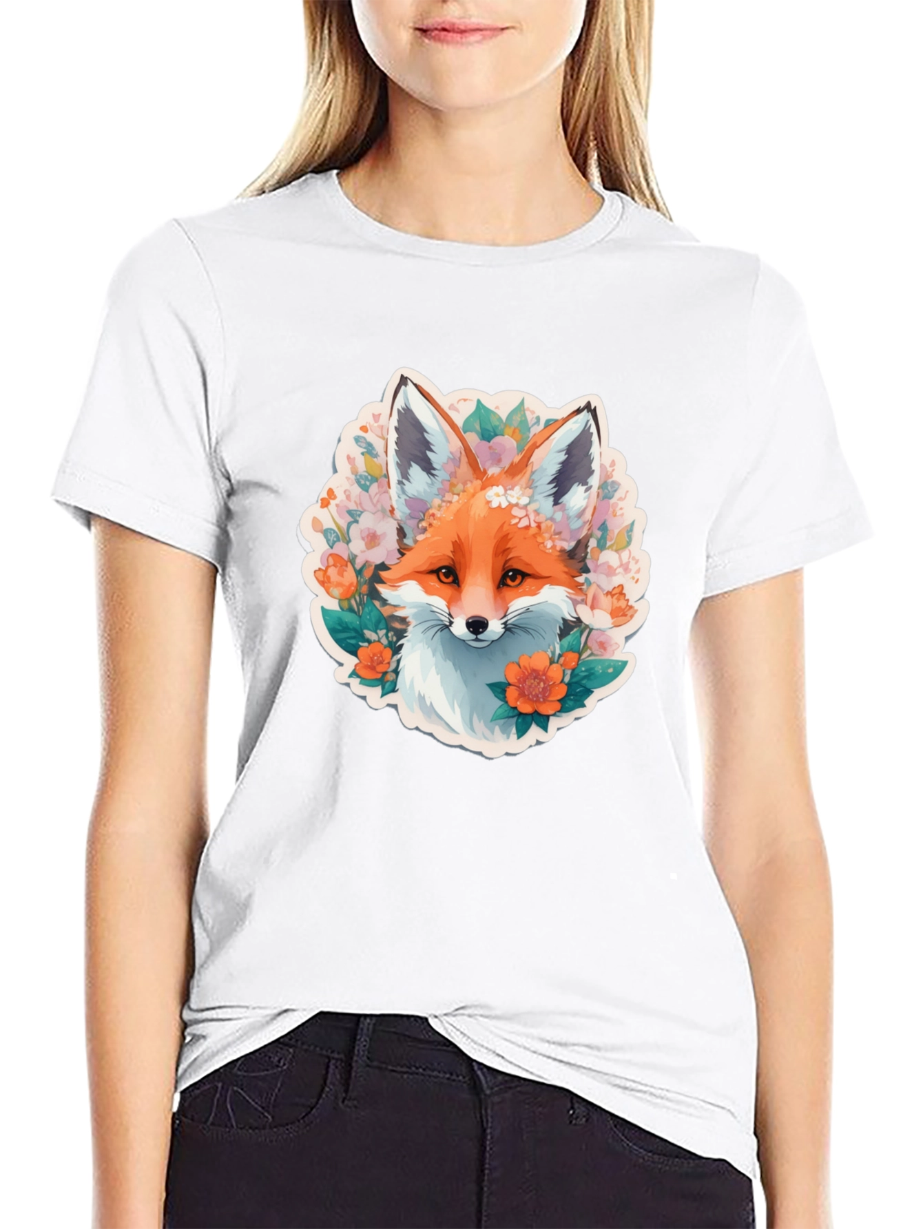 Floral Fox Graphic Tee - Stylish Black T-Shirt