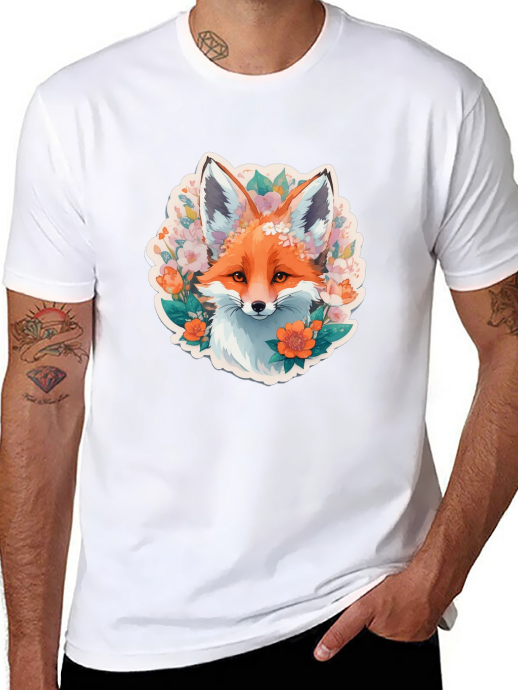 Floral Fox Graphic Tee - Stylish Black T-Shirt