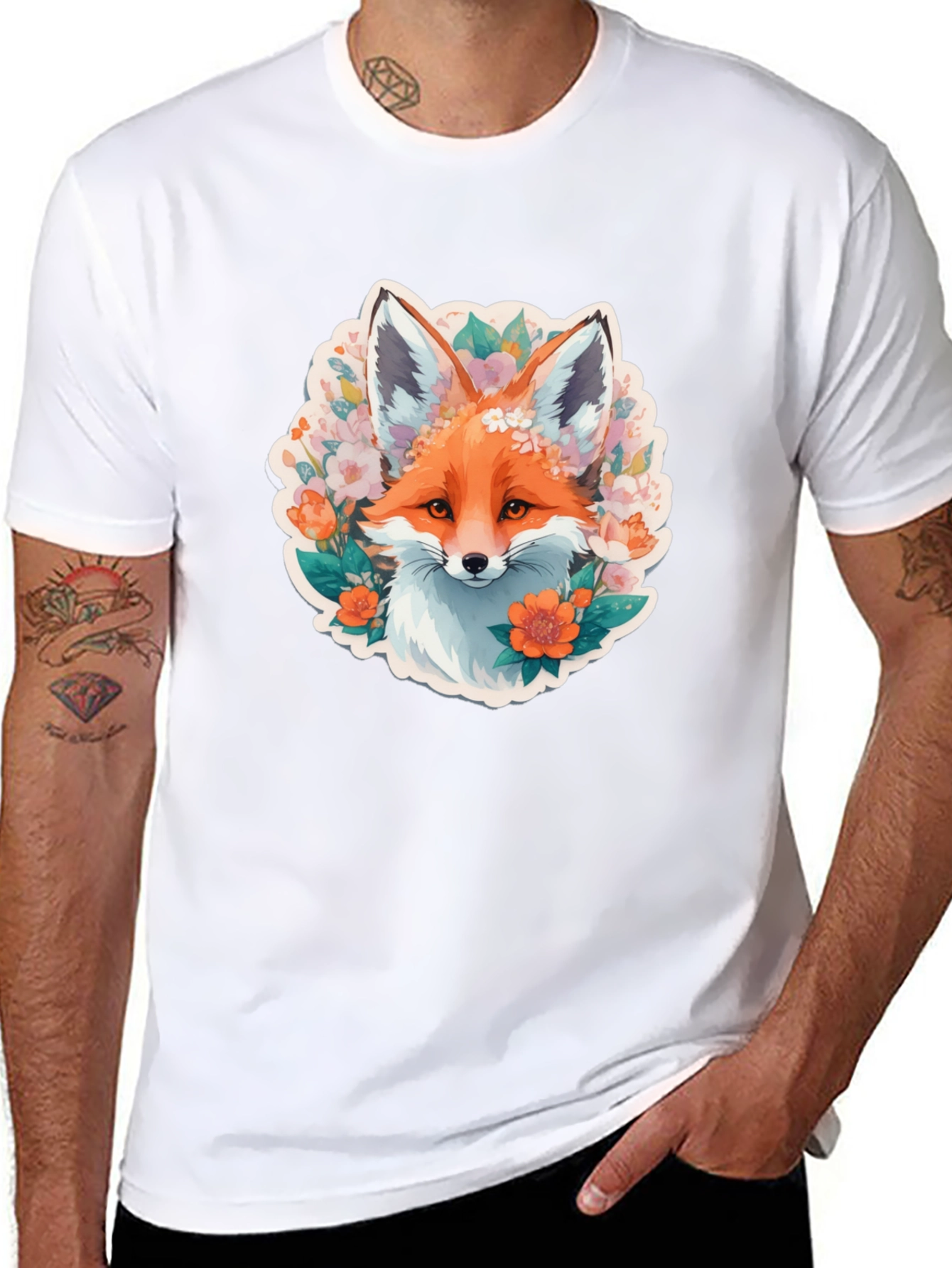 Floral Fox Graphic Tee - Stylish Black T-Shirt