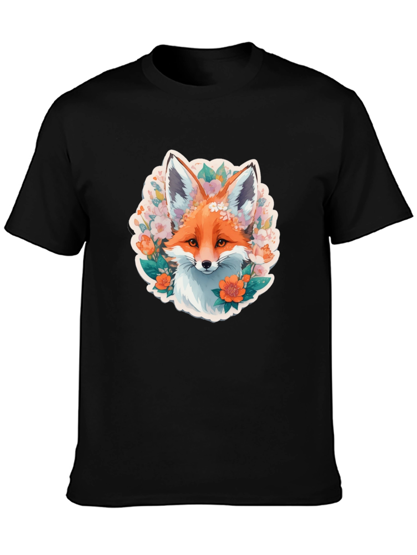 Floral Fox Graphic Tee - Stylish Black T-Shirt