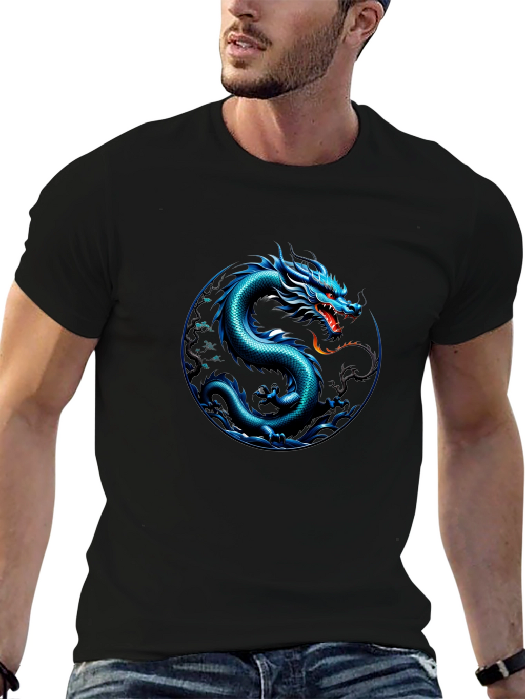 Blue Dragon Graphic Print Black T-Shirt