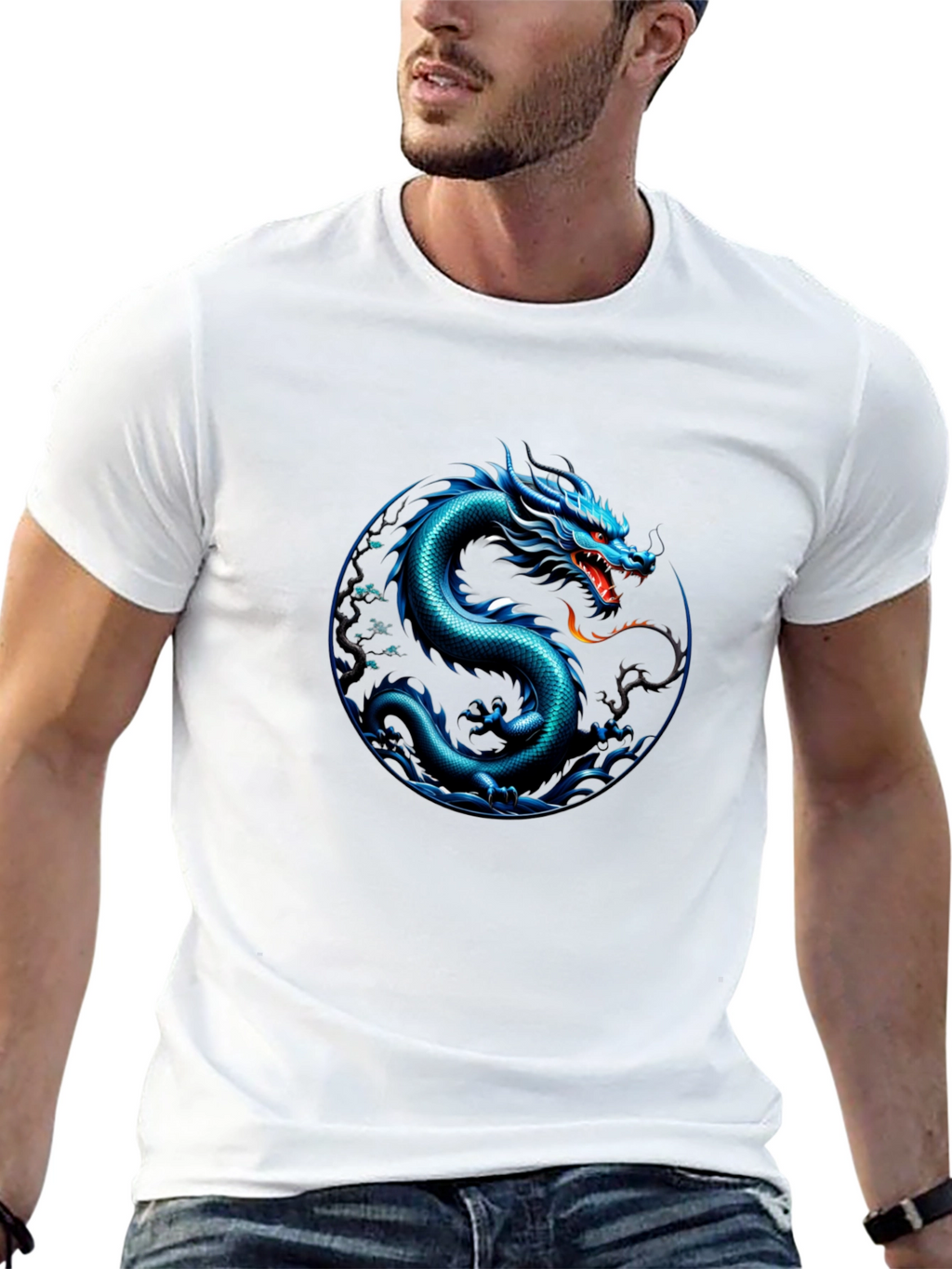 Blue Dragon Graphic Print Black T-Shirt
