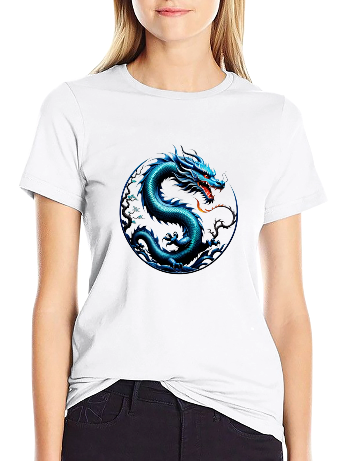 Blue Dragon Graphic Print Black T-Shirt