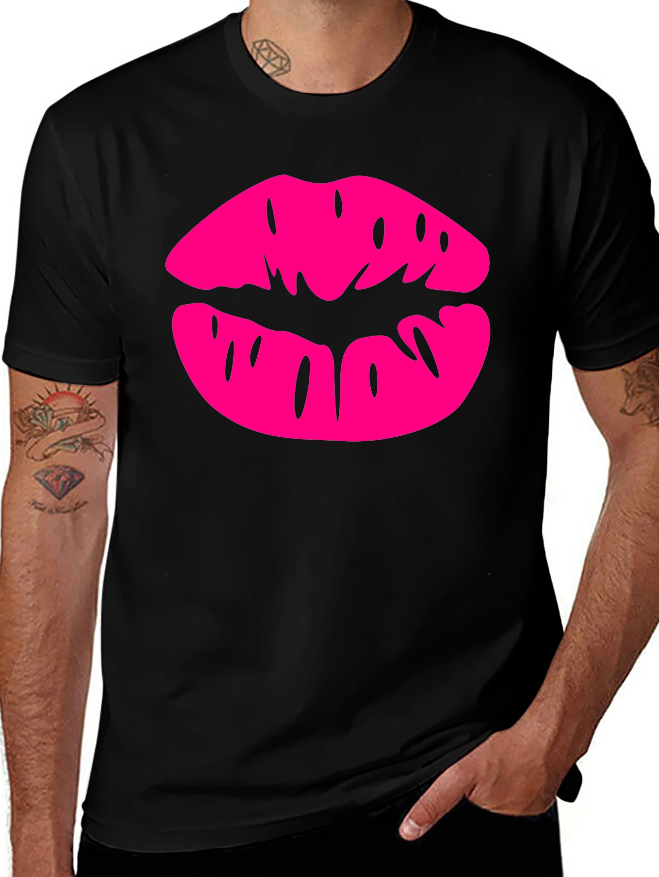 Pink Lips Graphic Black T-Shirt