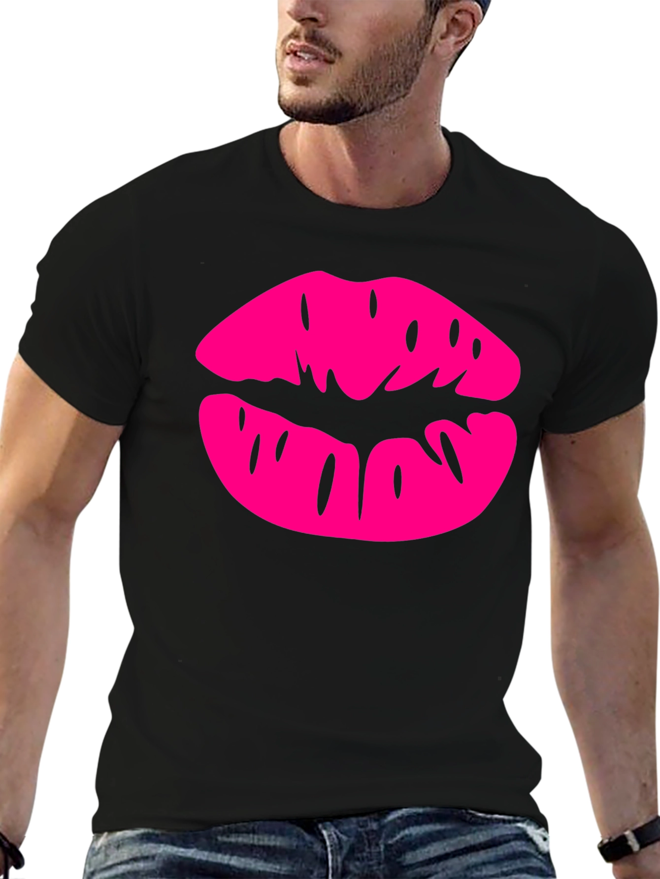 Pink Lips Graphic Black T-Shirt