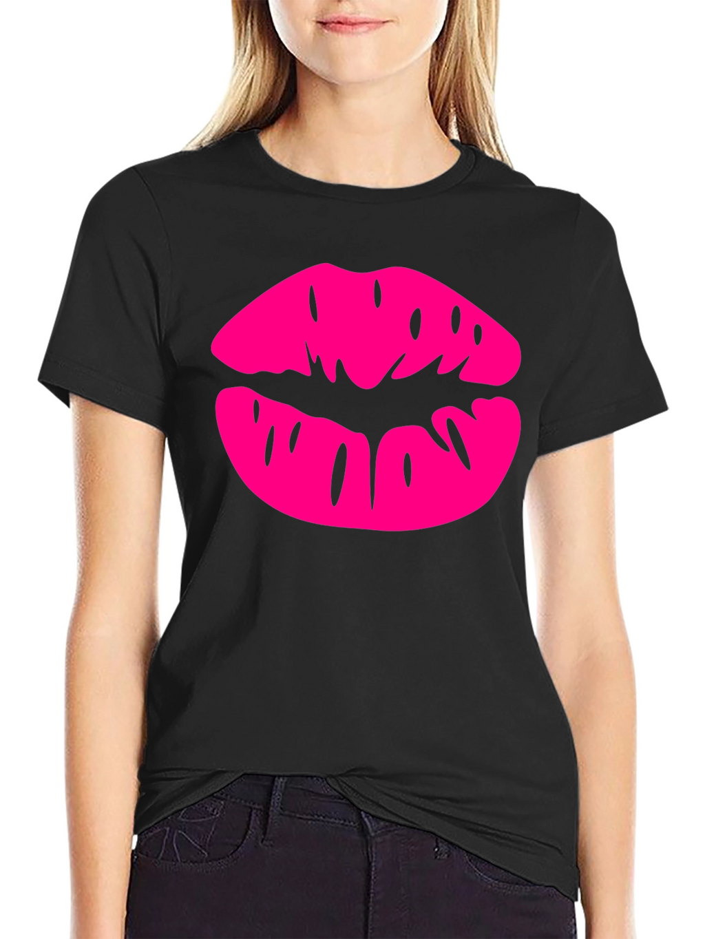 Pink Lips Graphic Black T-Shirt
