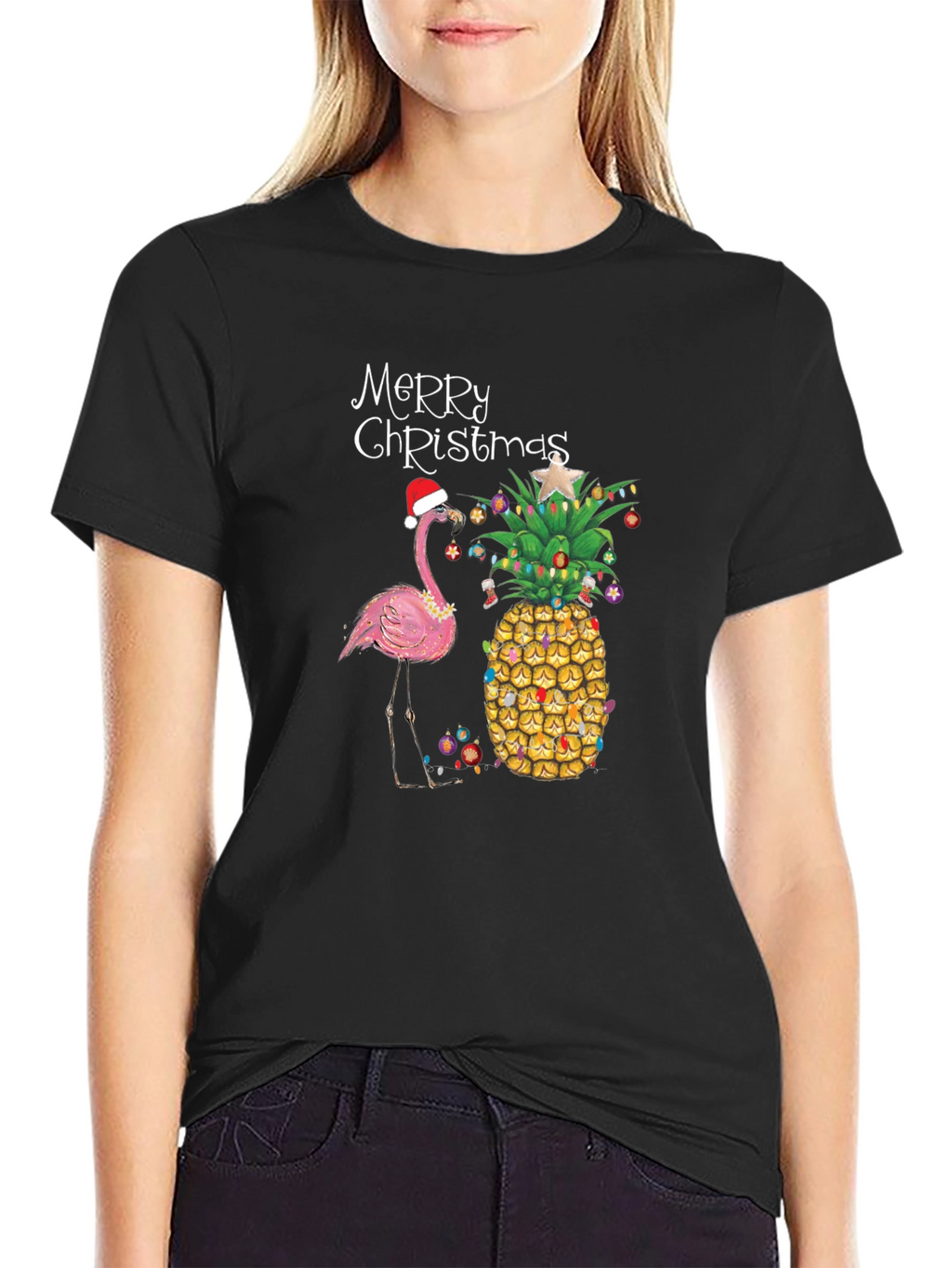 Festive Flamingo & Pineapple Christmas T-Shirt