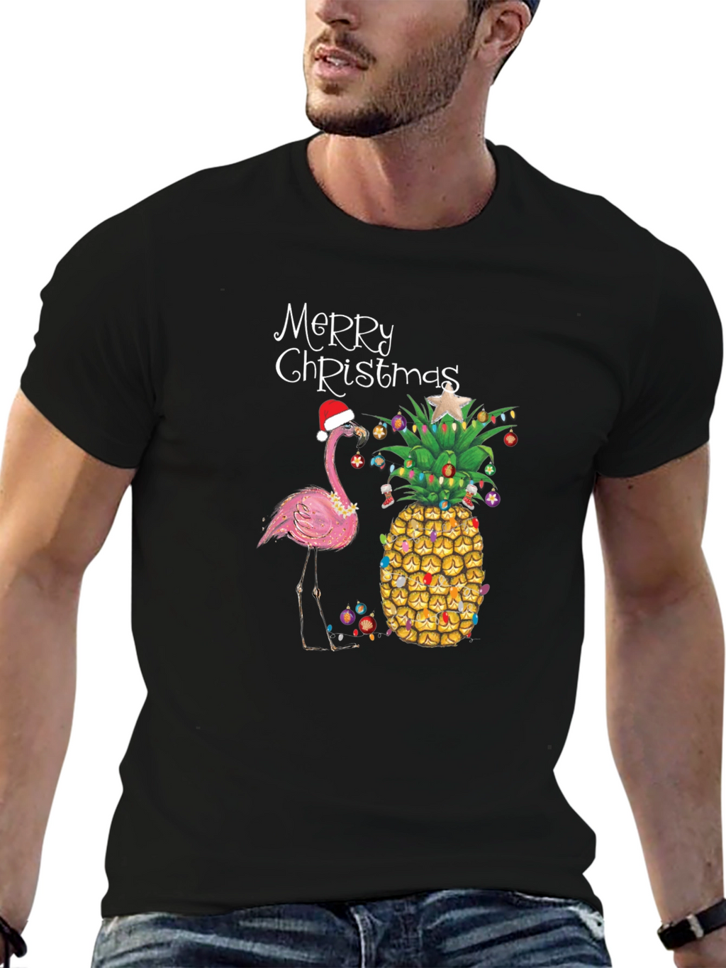 Festive Flamingo & Pineapple Christmas T-Shirt