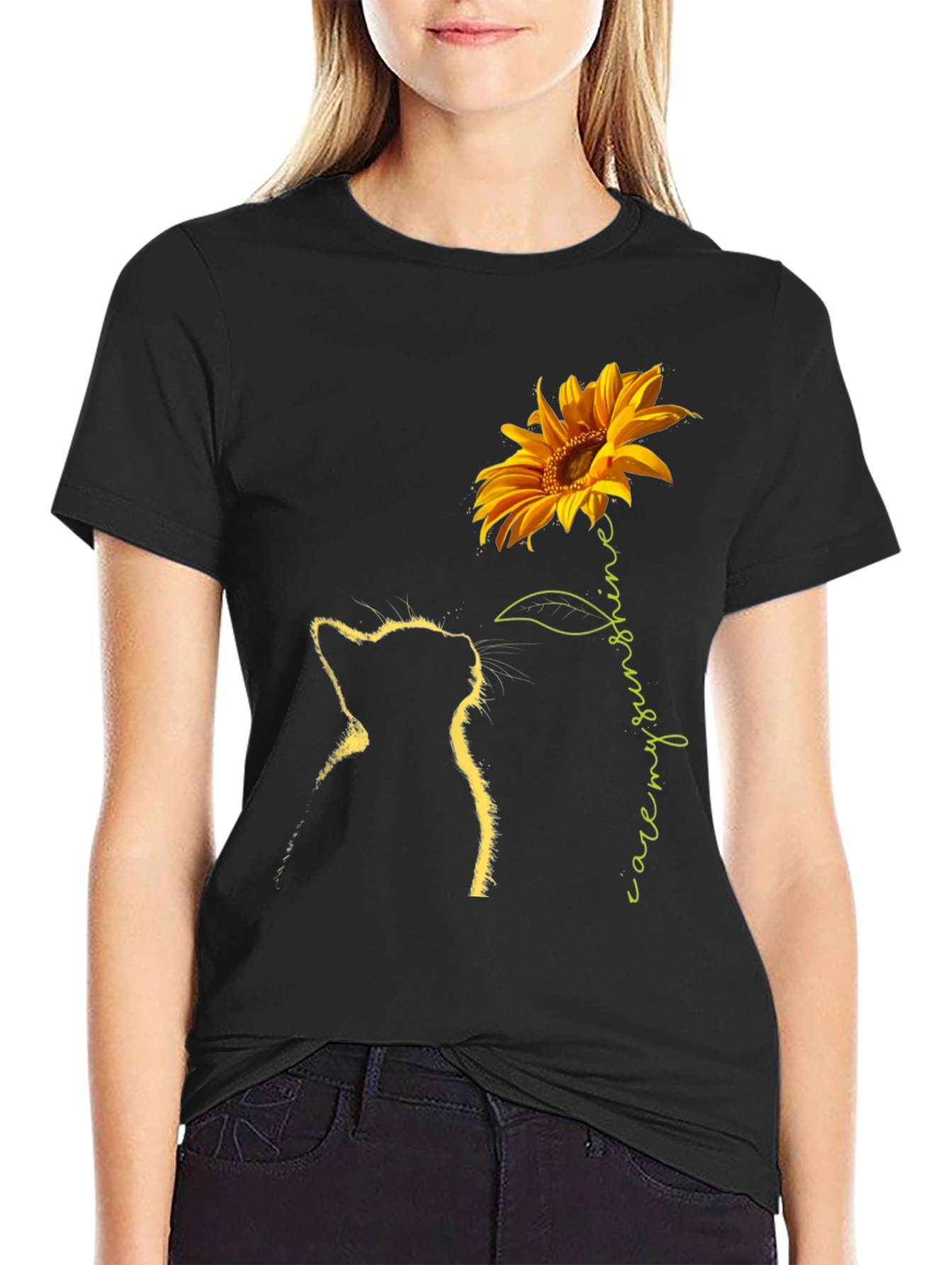 Sunflower Cat Graphic Tee - Black T-Shirt