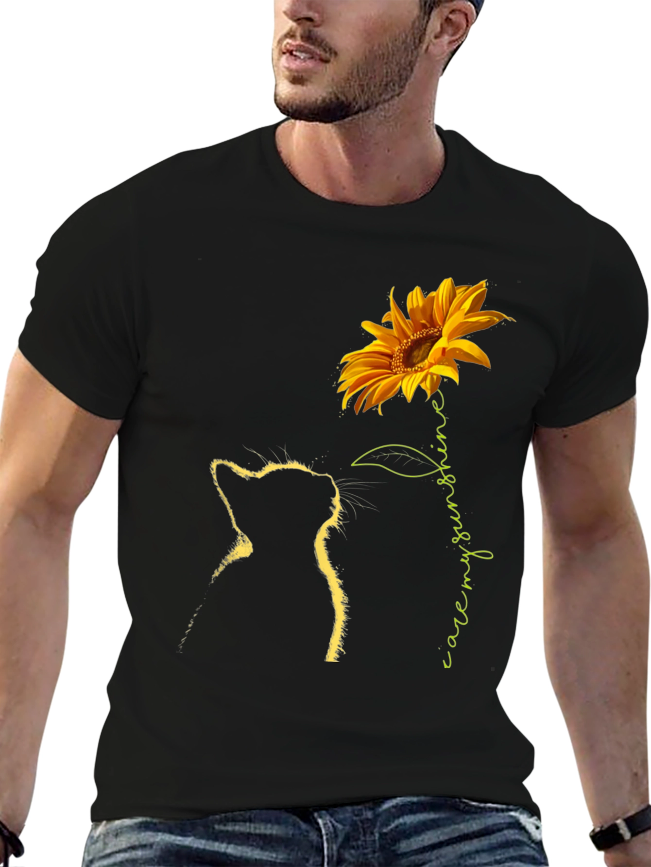 Sunflower Cat Graphic Tee - Black T-Shirt