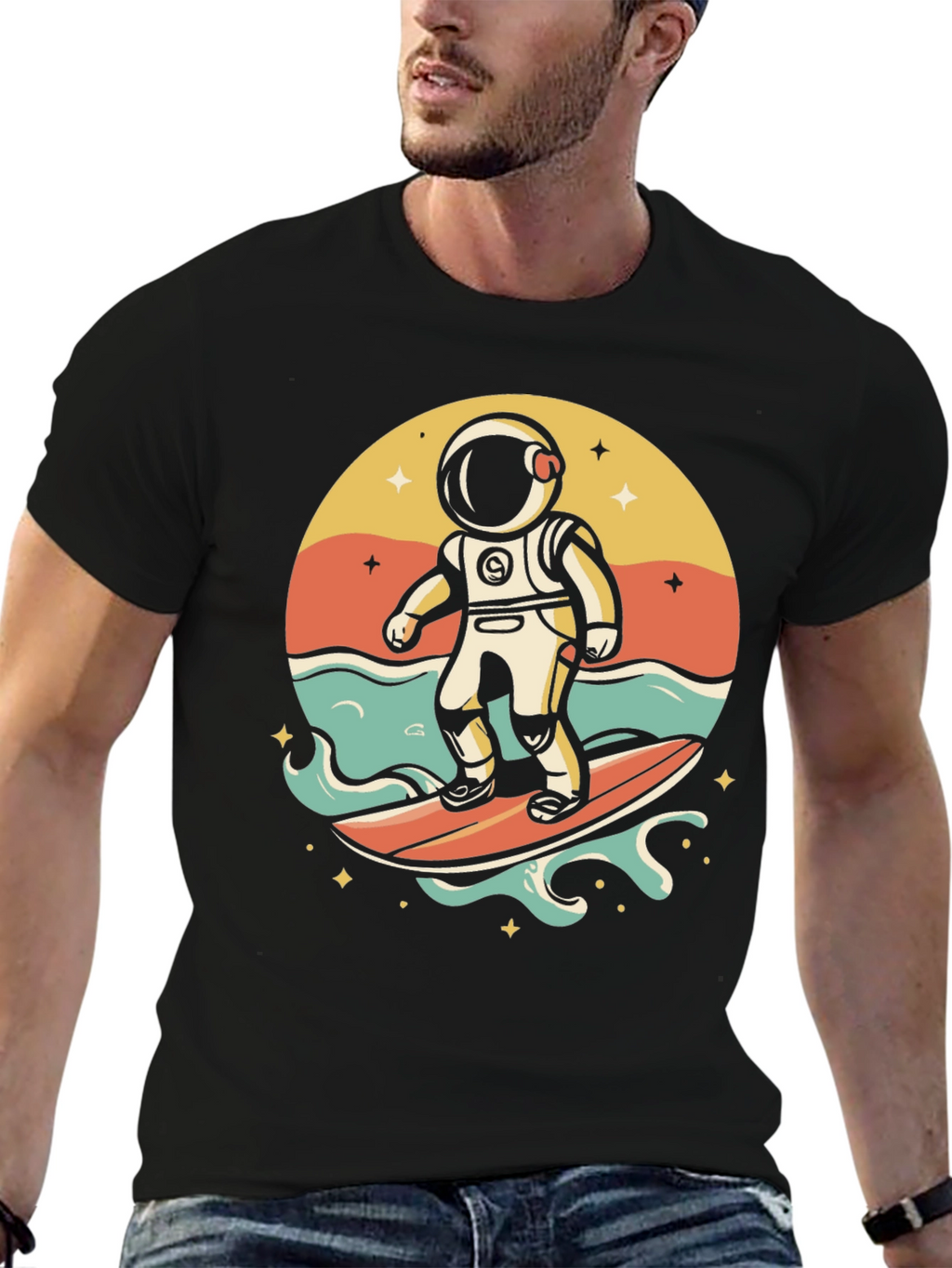 Surfing Astronaut Graphic T-Shirt - Space Adventure Tee