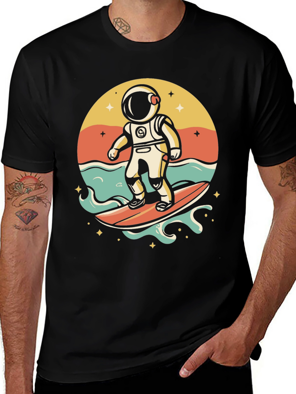 Surfing Astronaut Graphic T-Shirt - Space Adventure Tee