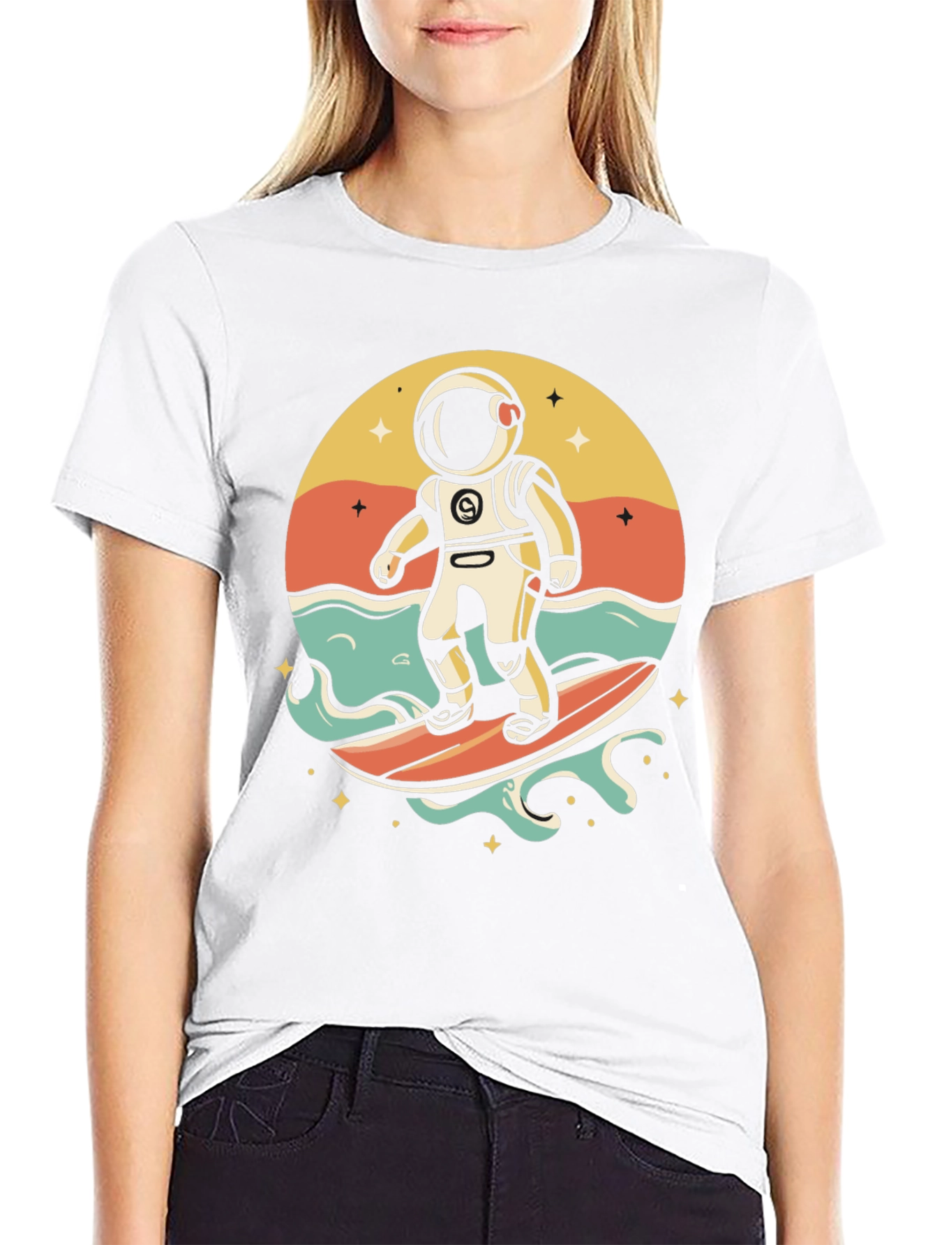 Surfing Astronaut Graphic T-Shirt - Space Adventure Tee