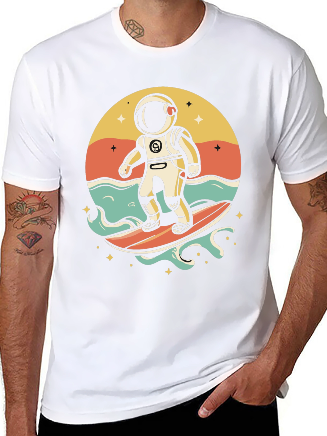 Surfing Astronaut Graphic T-Shirt - Space Adventure Tee
