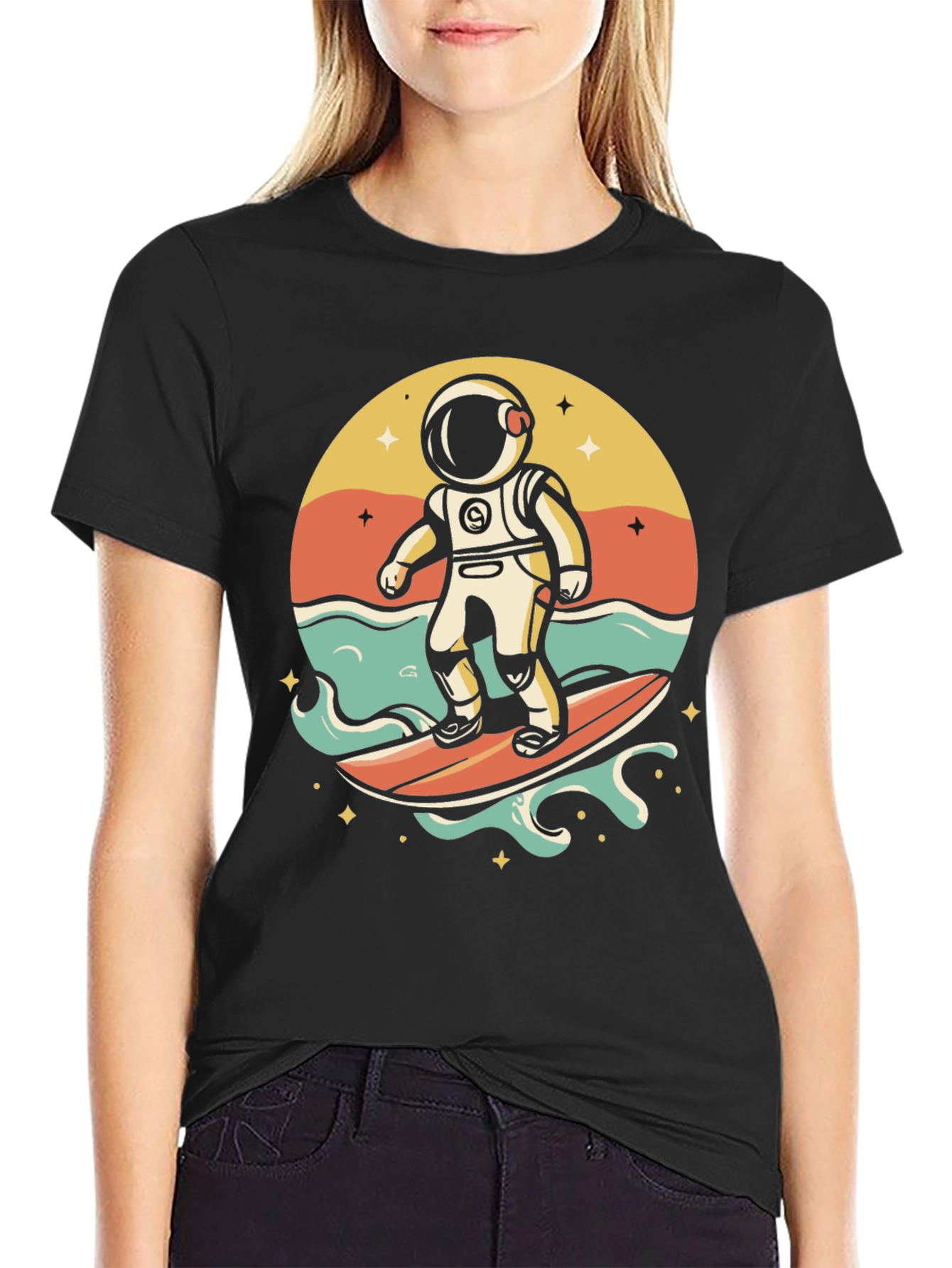 Surfing Astronaut Graphic T-Shirt - Space Adventure Tee