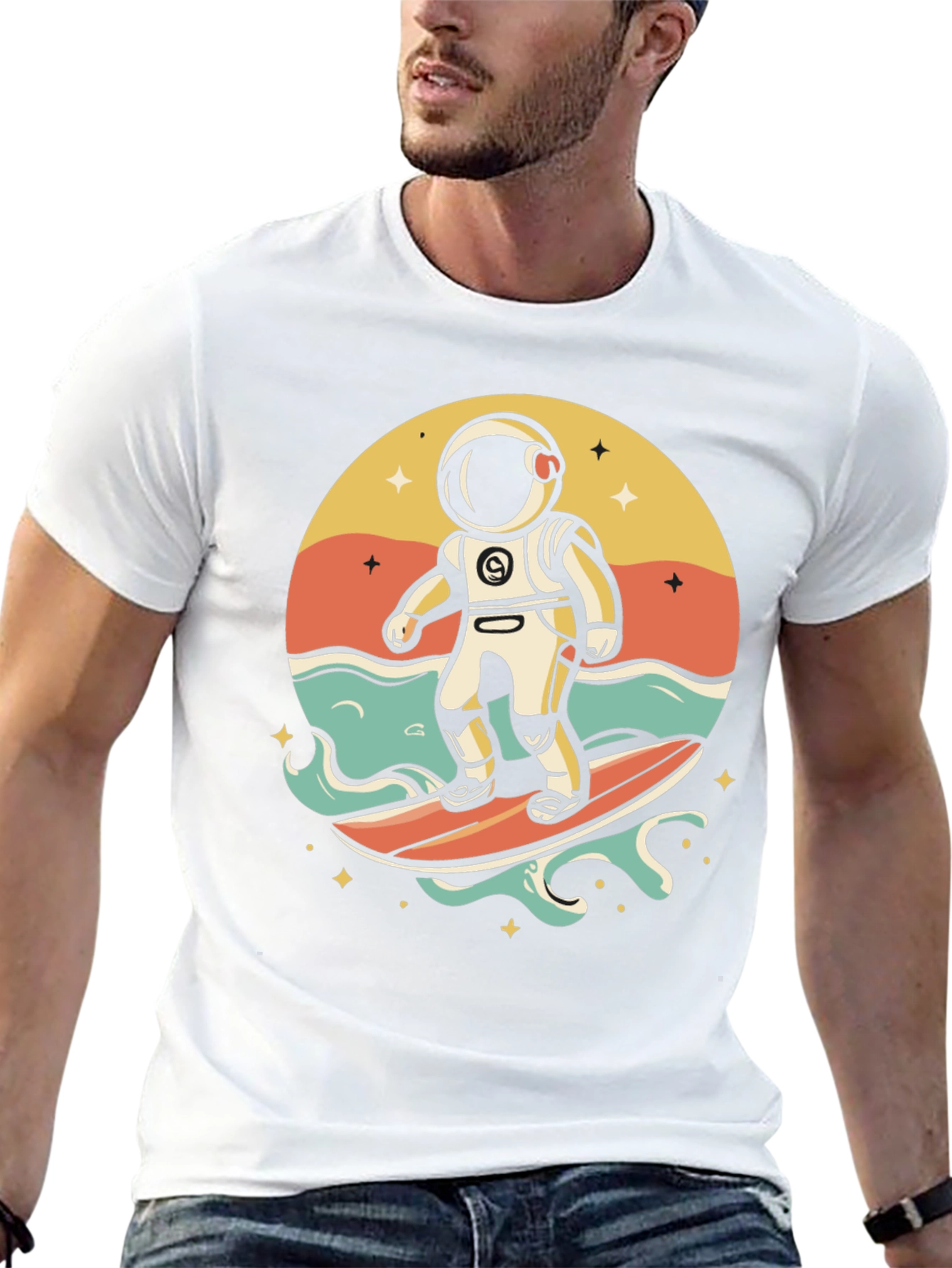 Surfing Astronaut Graphic T-Shirt - Space Adventure Tee