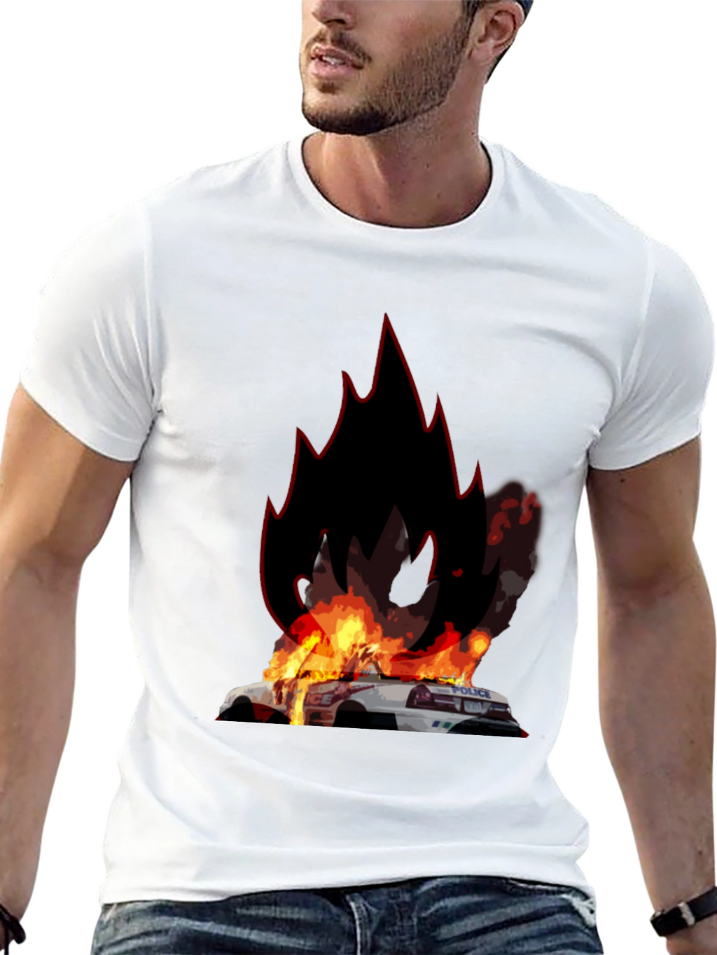 Burning Police Car T-Shirt - Bold Graphic Tee