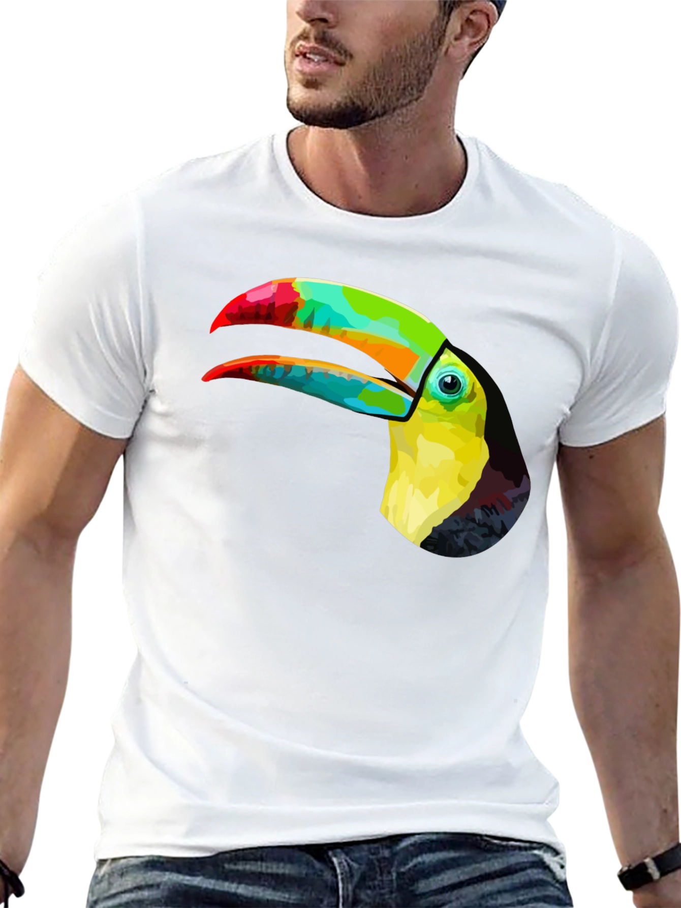 Vibrant Toucan Graphic Tee - Stylish Mens Black T-Shirt
