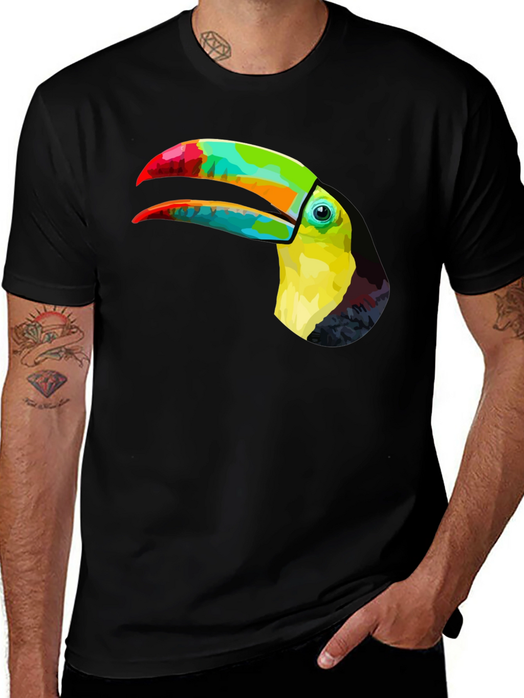 Vibrant Toucan Graphic Tee - Stylish Mens Black T-Shirt