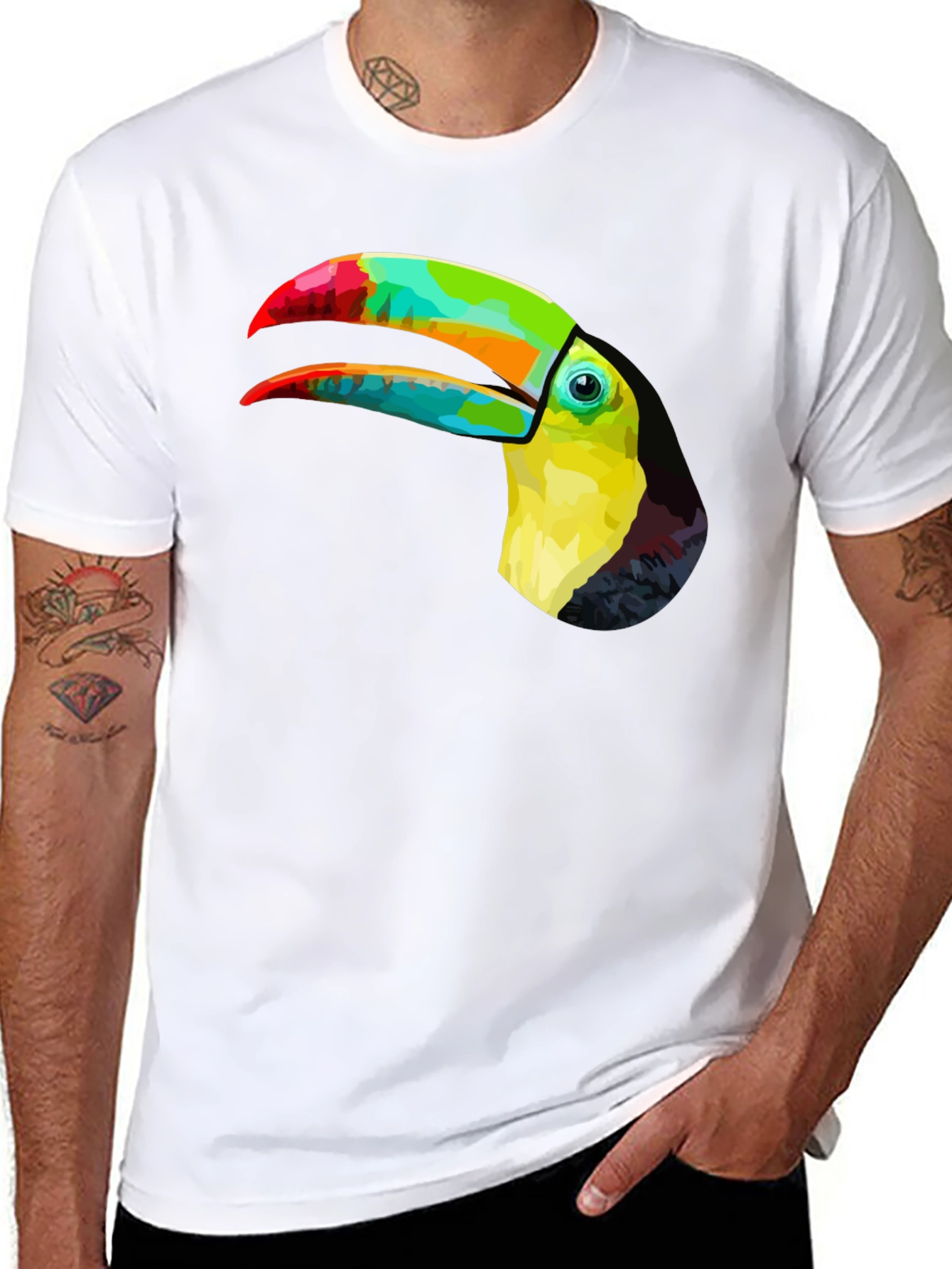 Vibrant Toucan Graphic Tee - Stylish Mens Black T-Shirt