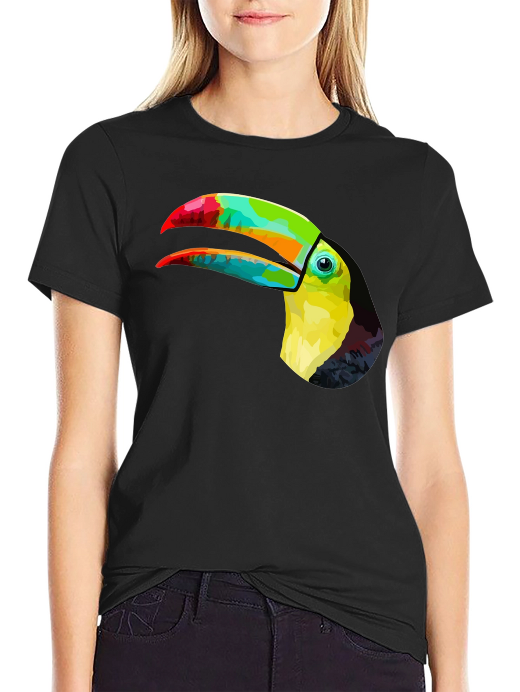 Vibrant Toucan Graphic Tee - Stylish Mens Black T-Shirt