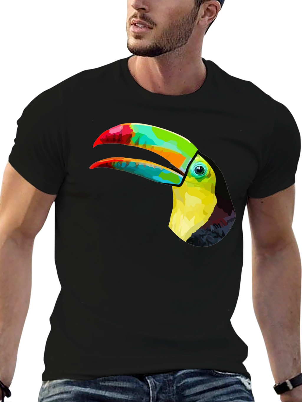 Vibrant Toucan Graphic Tee - Stylish Mens Black T-Shirt
