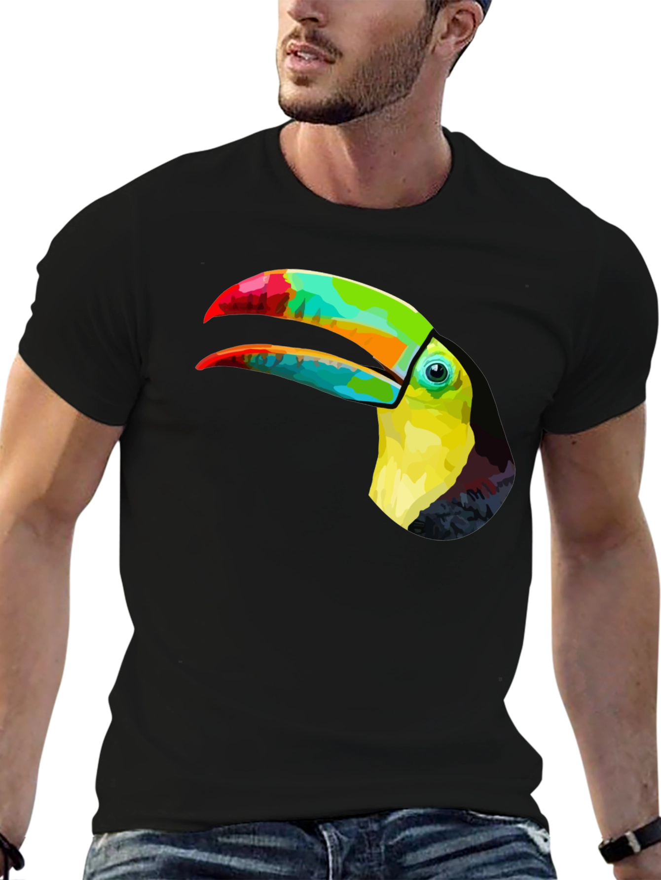 Vibrant Toucan Graphic Tee - Stylish Mens Black T-Shirt