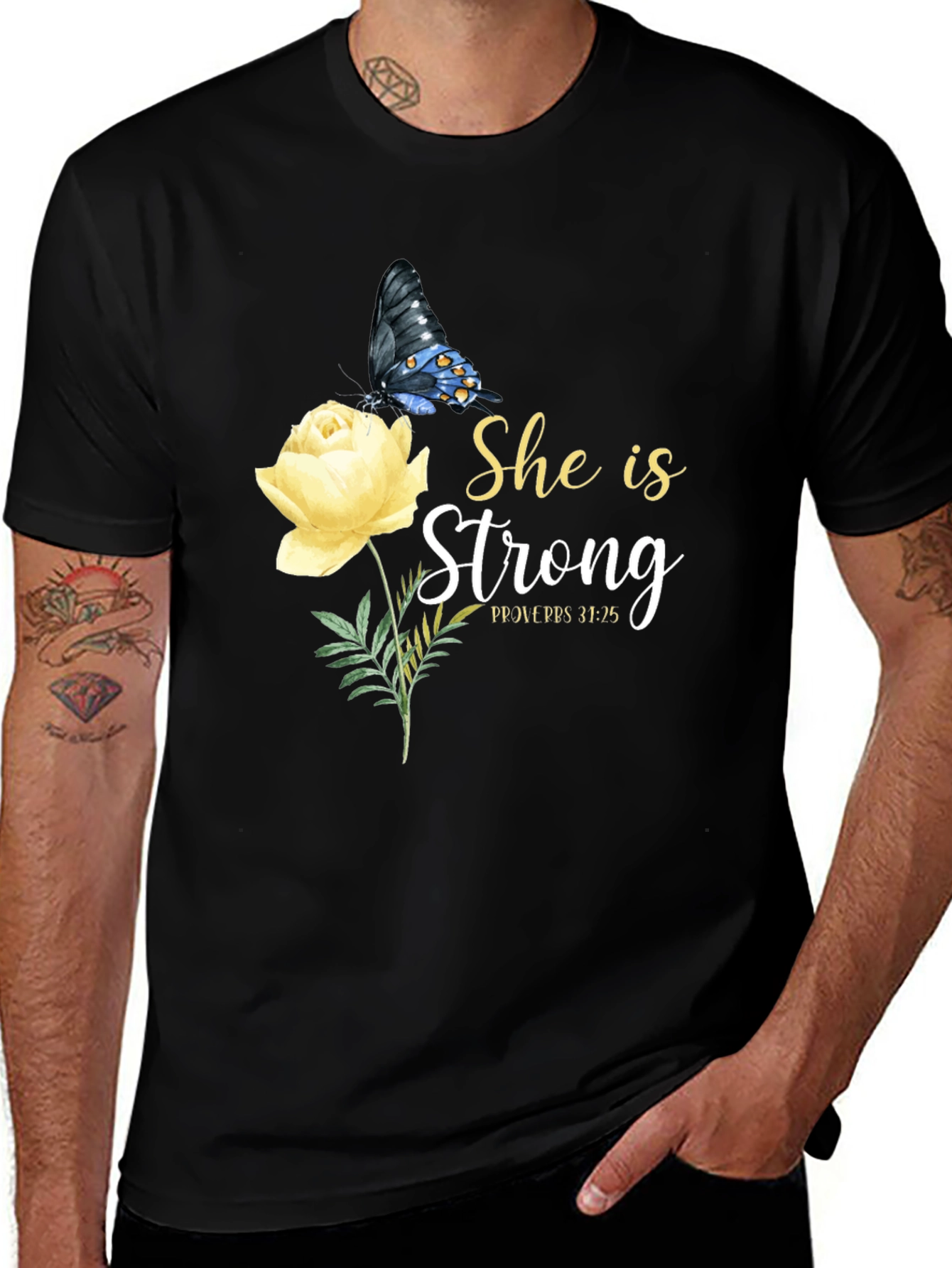 She Is Strong Butterfly Rose Graphic Tee