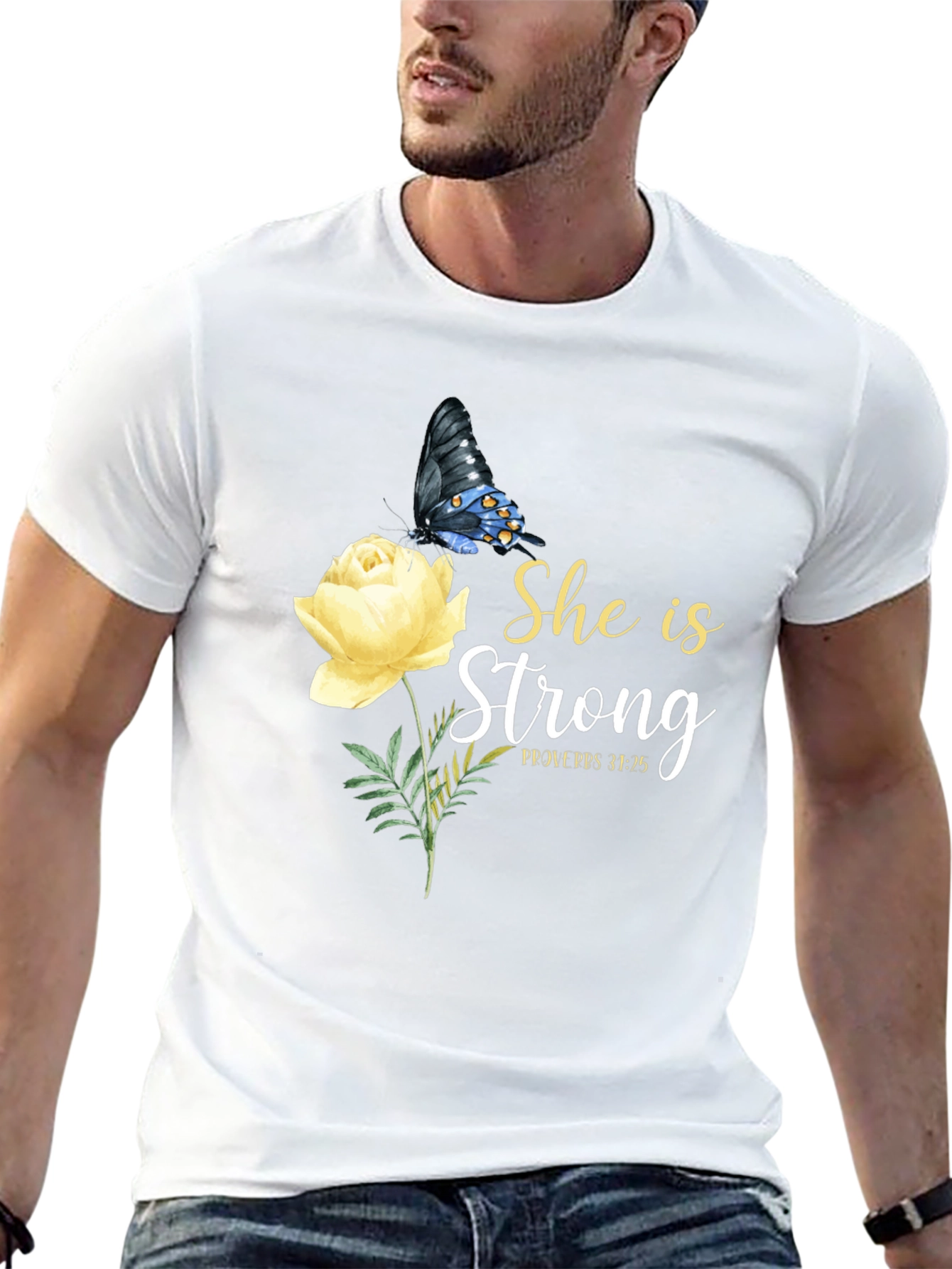 She Is Strong Butterfly Rose Graphic Tee