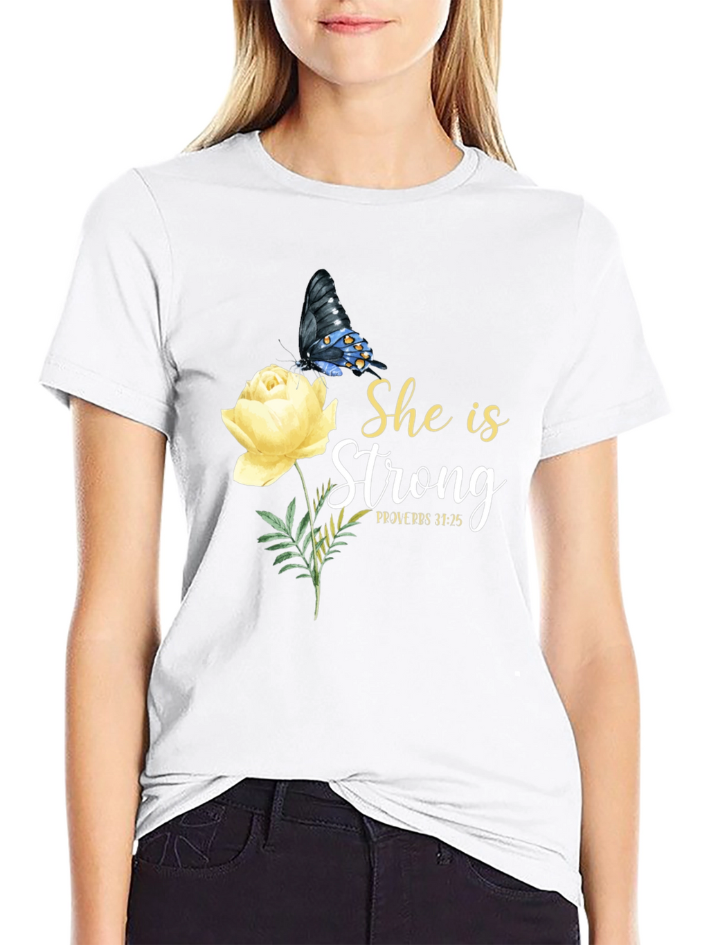 She Is Strong Butterfly Rose Graphic Tee