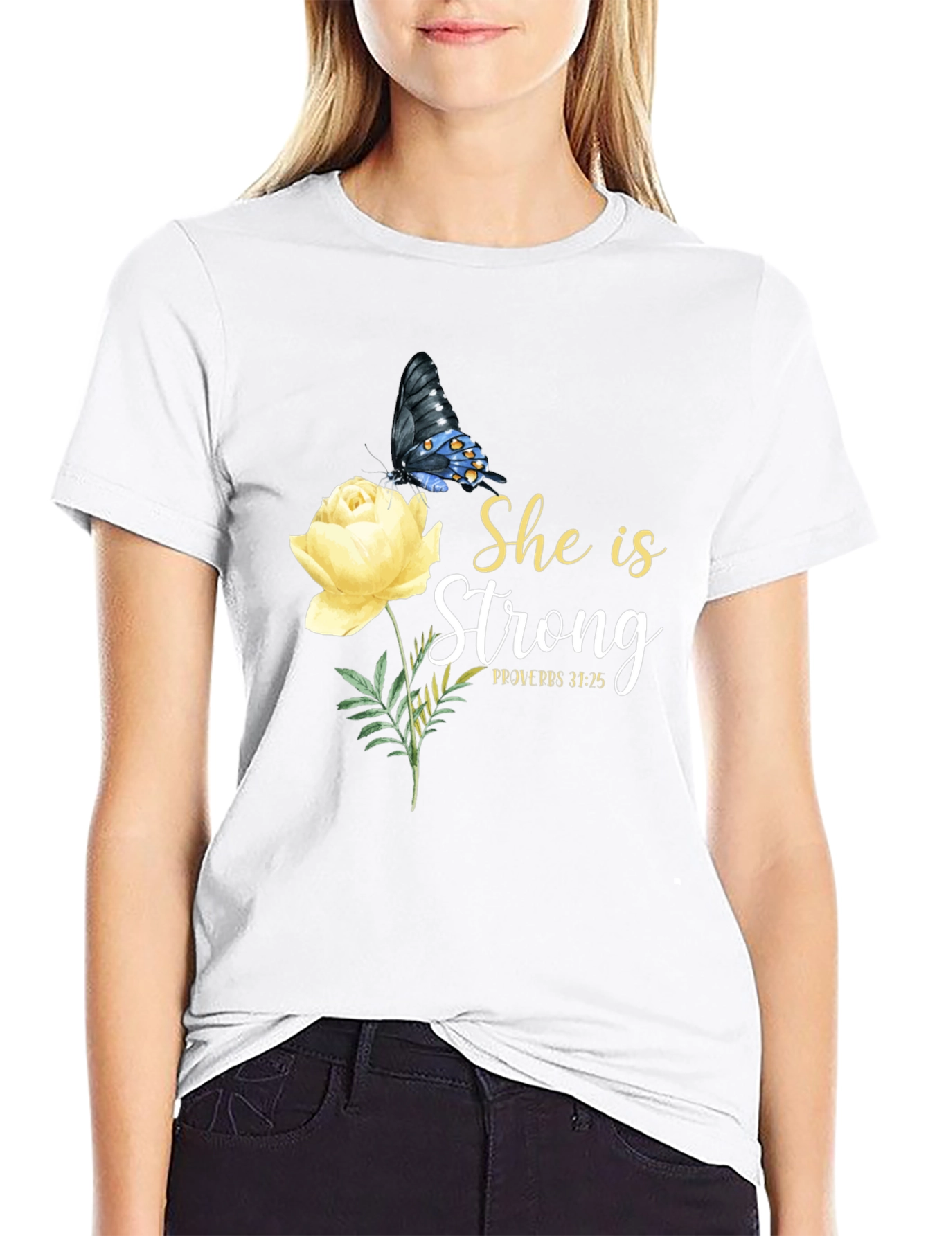 She Is Strong Butterfly Rose Graphic Tee
