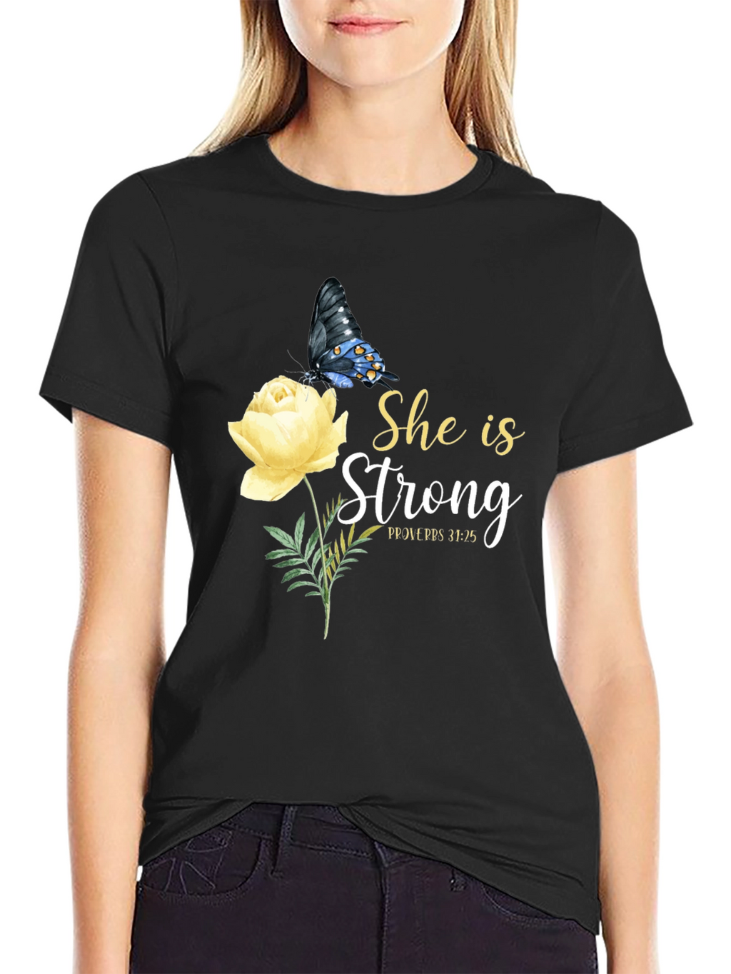 She Is Strong Butterfly Rose Graphic Tee