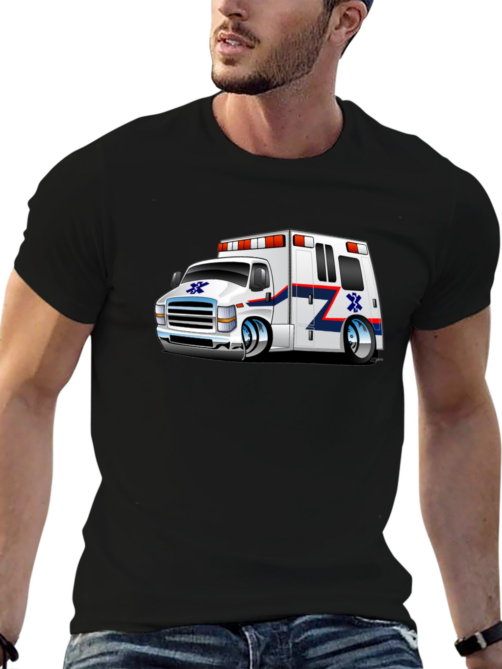 Cartoon Ambulance Graphic T-Shirt - Black Cotton Blend