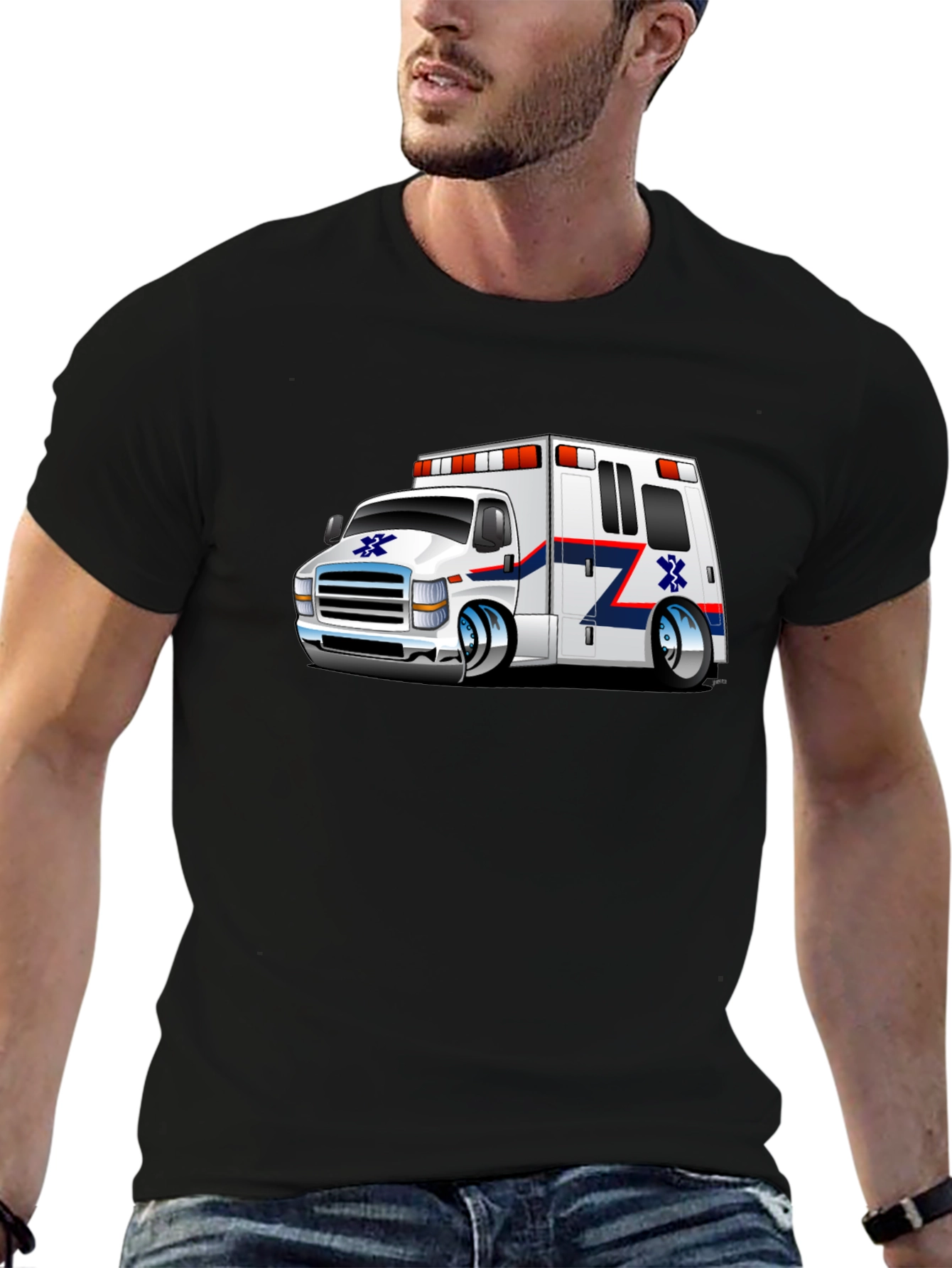Cartoon Ambulance Graphic T-Shirt - Black Cotton Blend