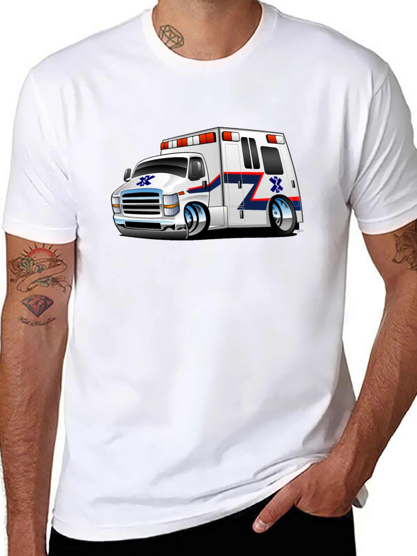Cartoon Ambulance Graphic T-Shirt - Black Cotton Blend