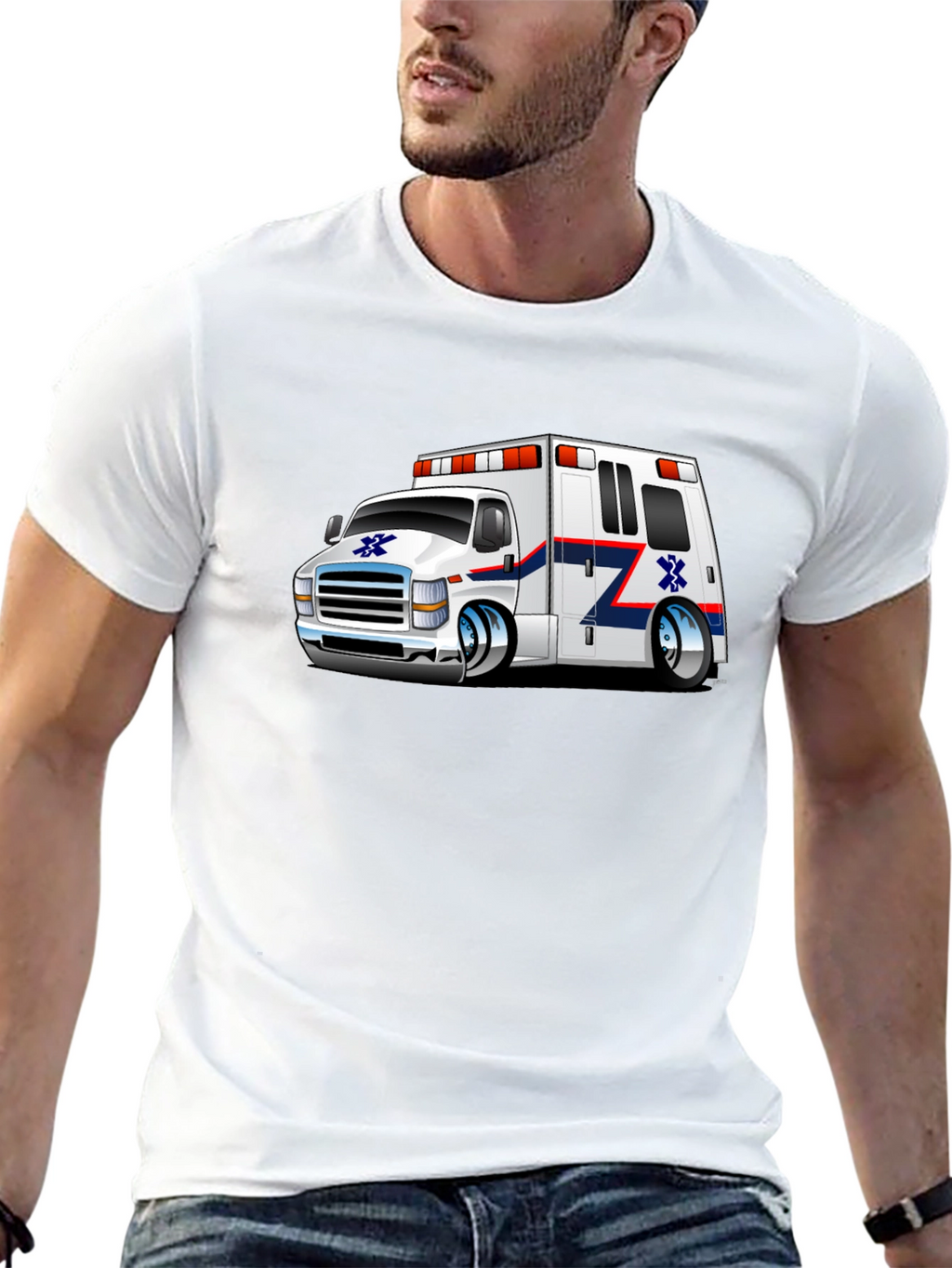 Cartoon Ambulance Graphic T-Shirt - Black Cotton Blend