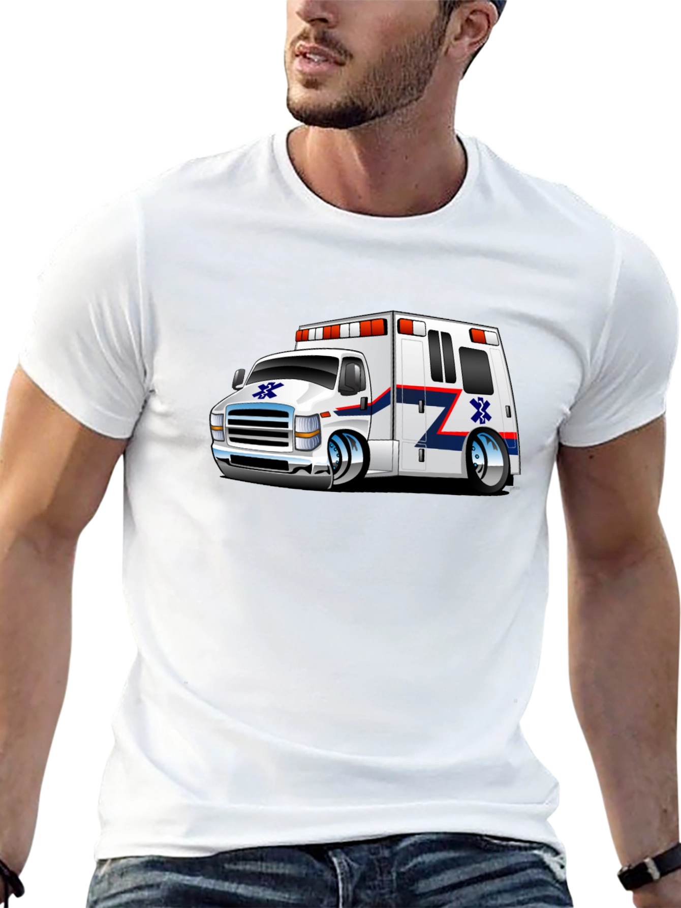 Cartoon Ambulance Graphic T-Shirt - Black Cotton Blend