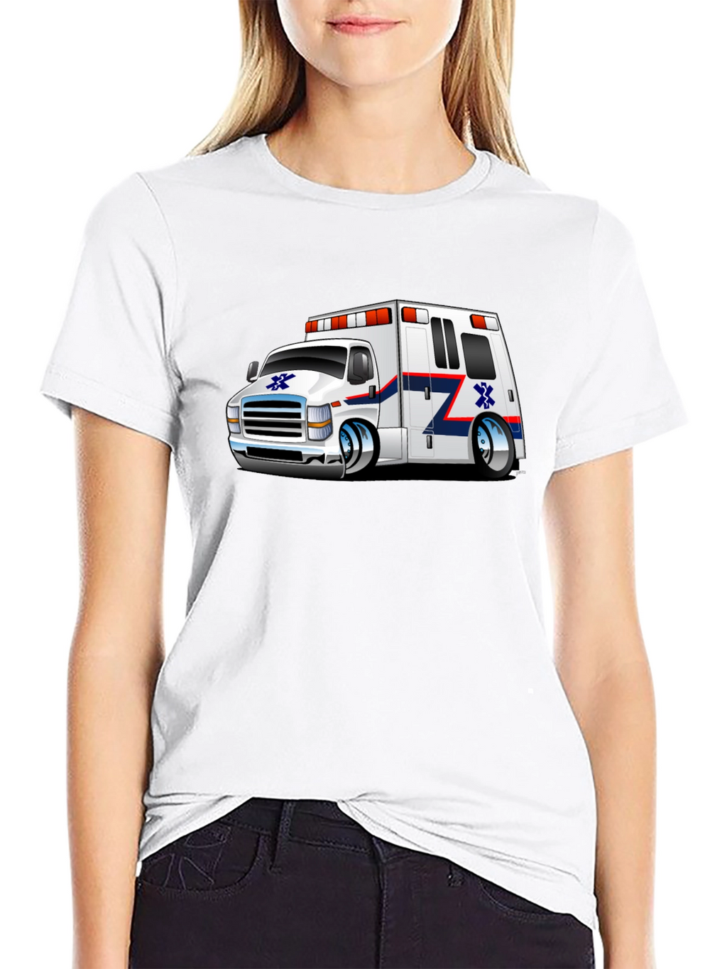 Cartoon Ambulance Graphic T-Shirt - Black Cotton Blend
