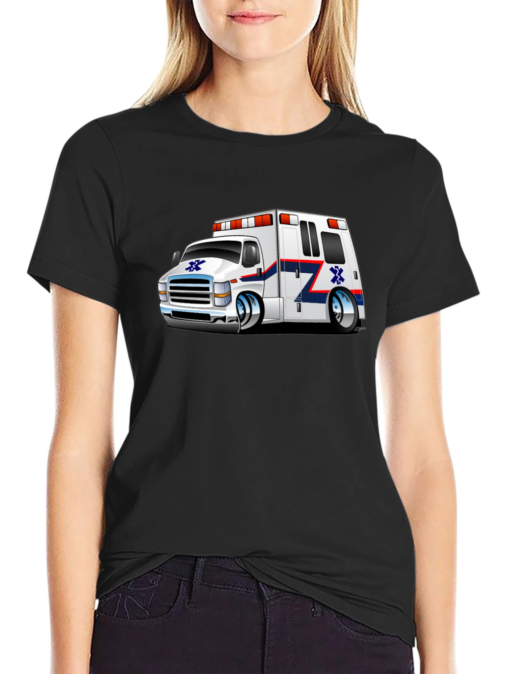 Cartoon Ambulance Graphic T-Shirt - Black Cotton Blend