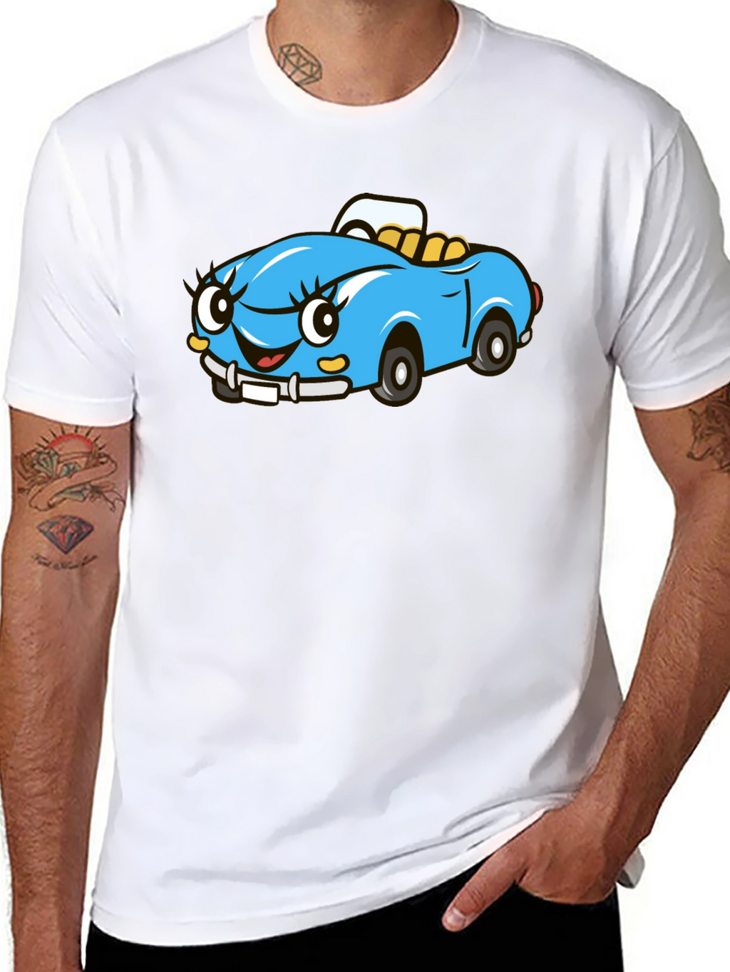 Cute Cartoon Car Graphic Tee - Black Cotton T-Shirt