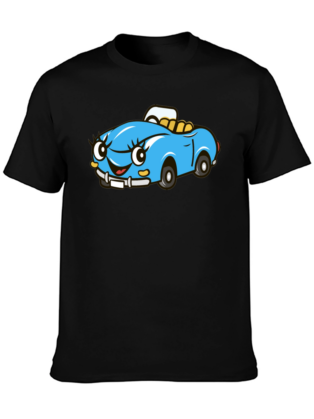 Cute Cartoon Car Graphic Tee - Black Cotton T-Shirt
