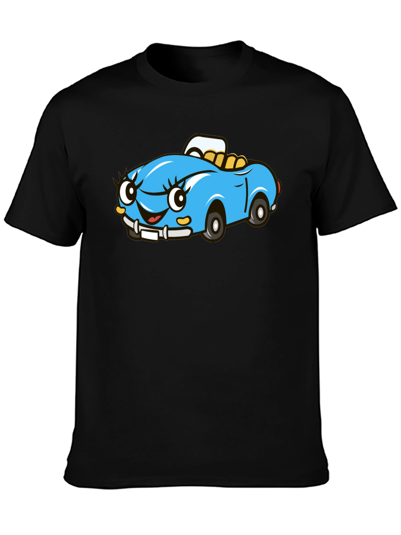 Cute Cartoon Car Graphic Tee - Black Cotton T-Shirt