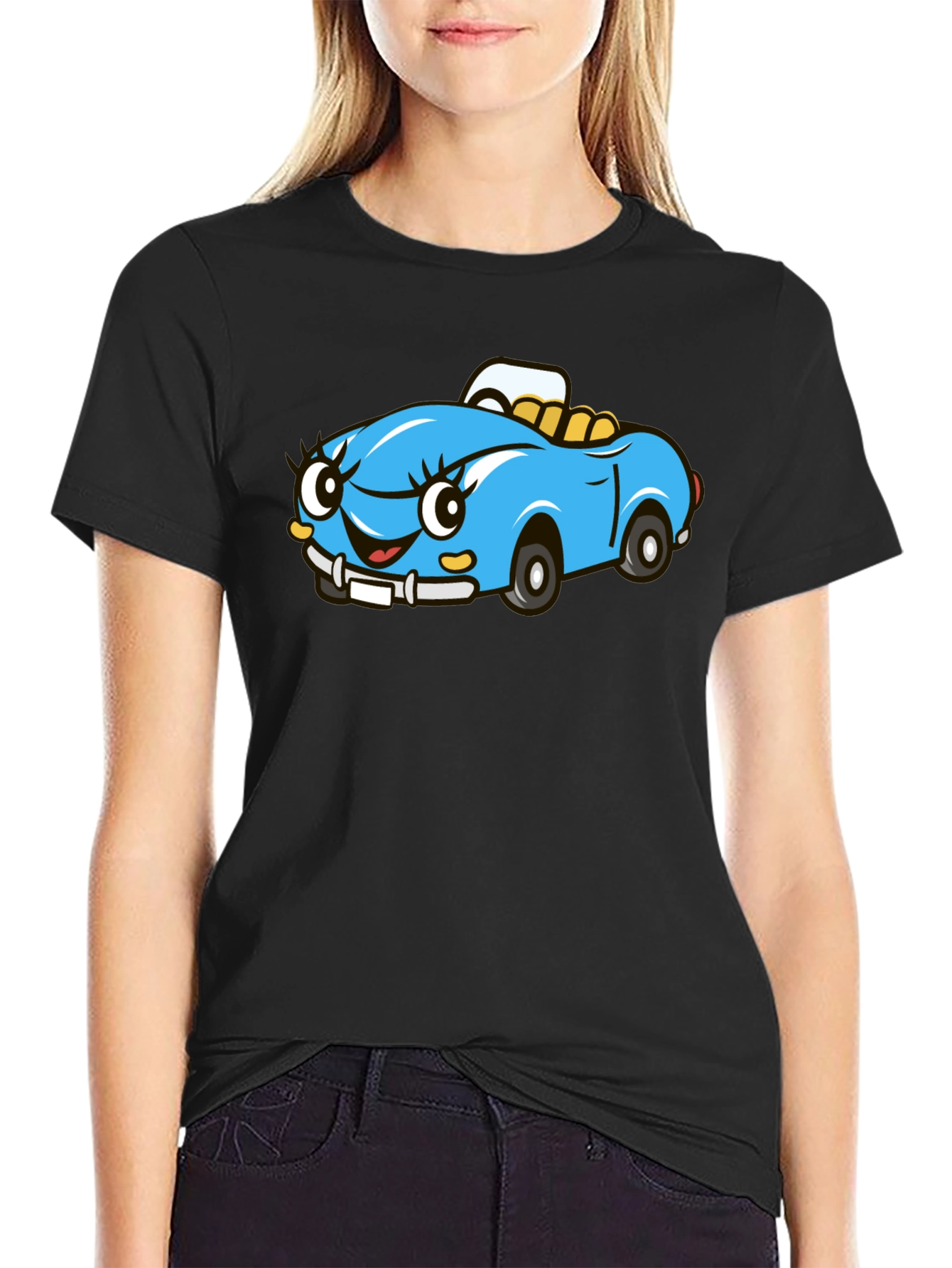 Cute Cartoon Car Graphic Tee - Black Cotton T-Shirt