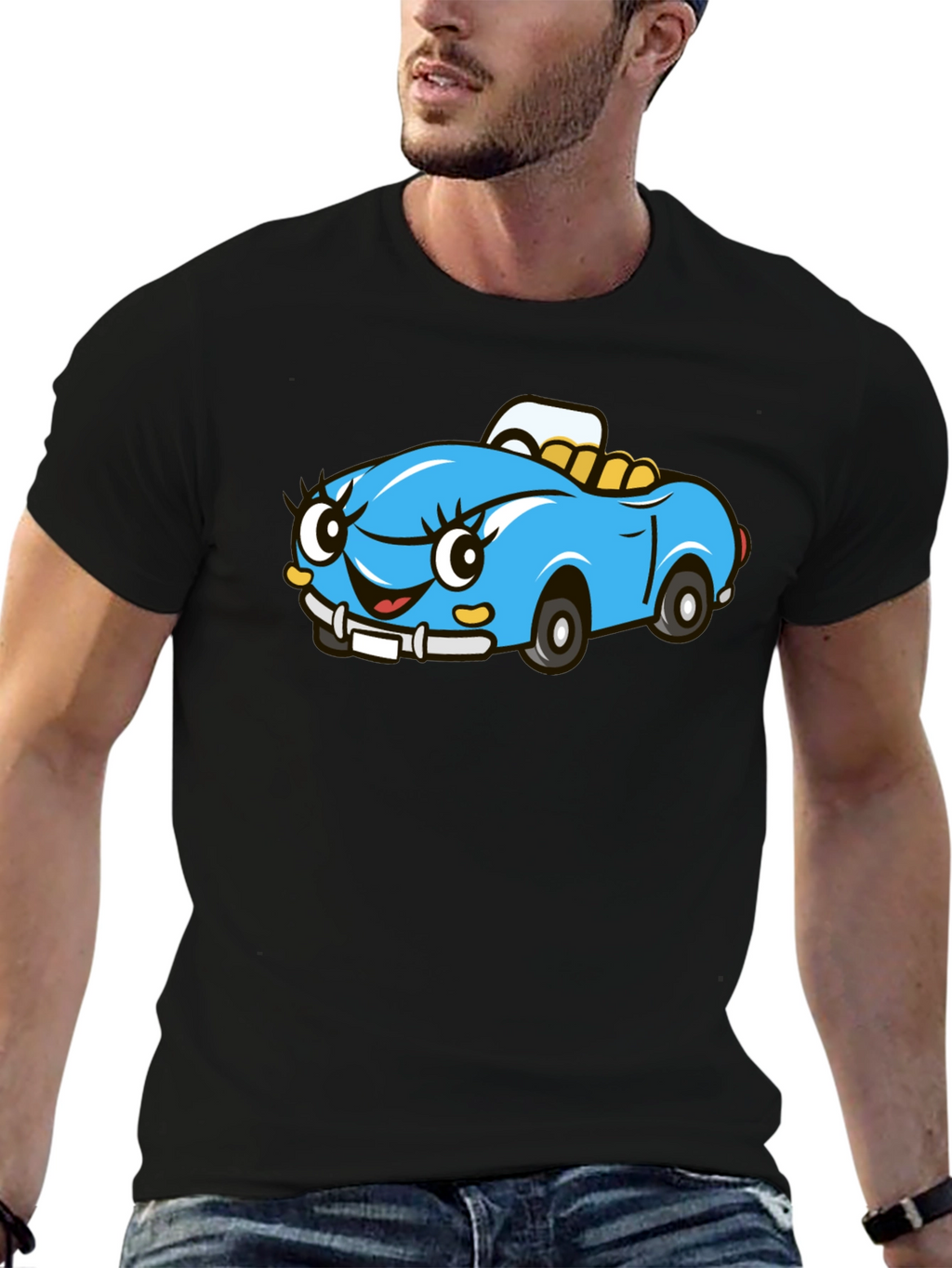 Cute Cartoon Car Graphic Tee - Black Cotton T-Shirt
