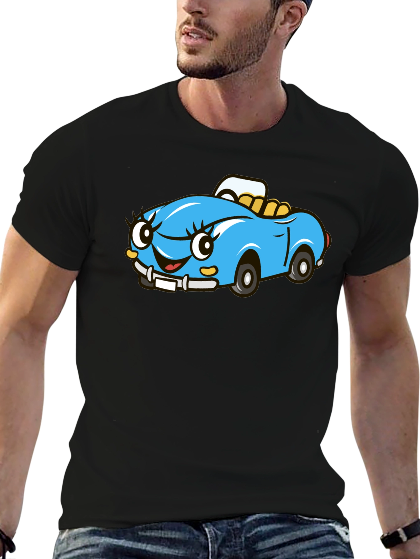 Cute Cartoon Car Graphic Tee - Black Cotton T-Shirt