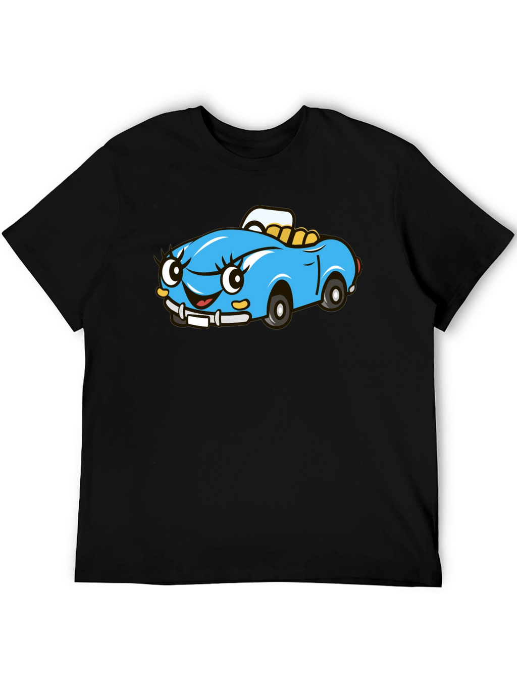 Cute Cartoon Car Graphic Tee - Black Cotton T-Shirt