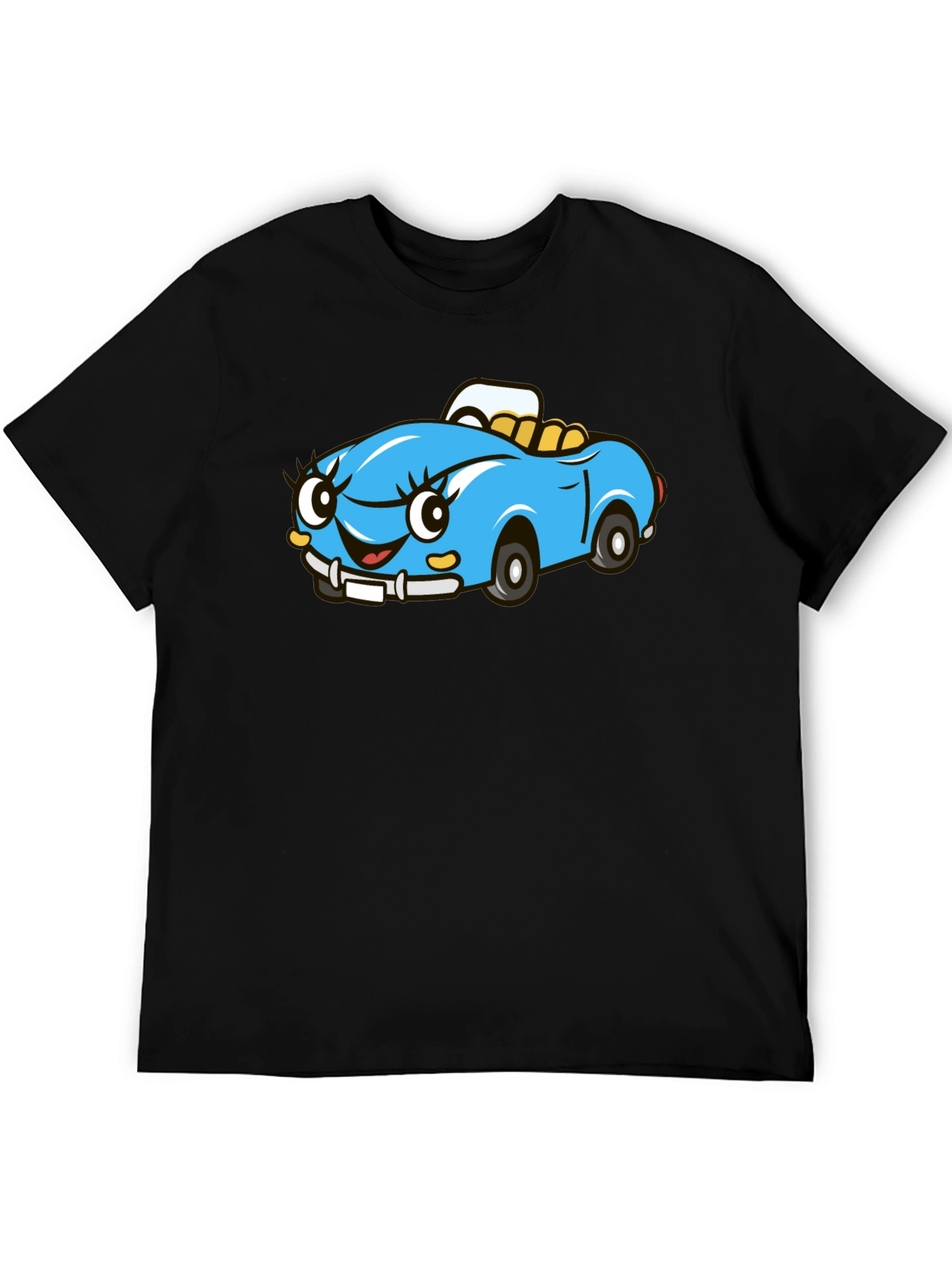 Cute Cartoon Car Graphic Tee - Black Cotton T-Shirt