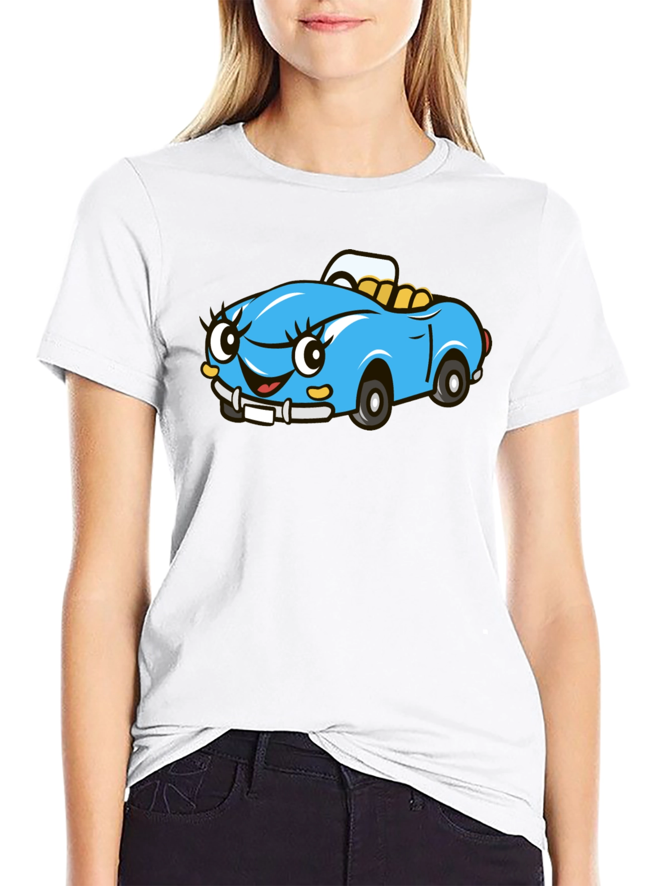 Cute Cartoon Car Graphic Tee - Black Cotton T-Shirt