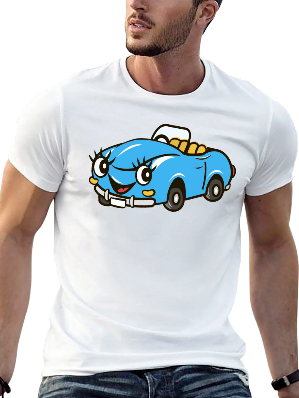 Cute Cartoon Car Graphic Tee - Black Cotton T-Shirt